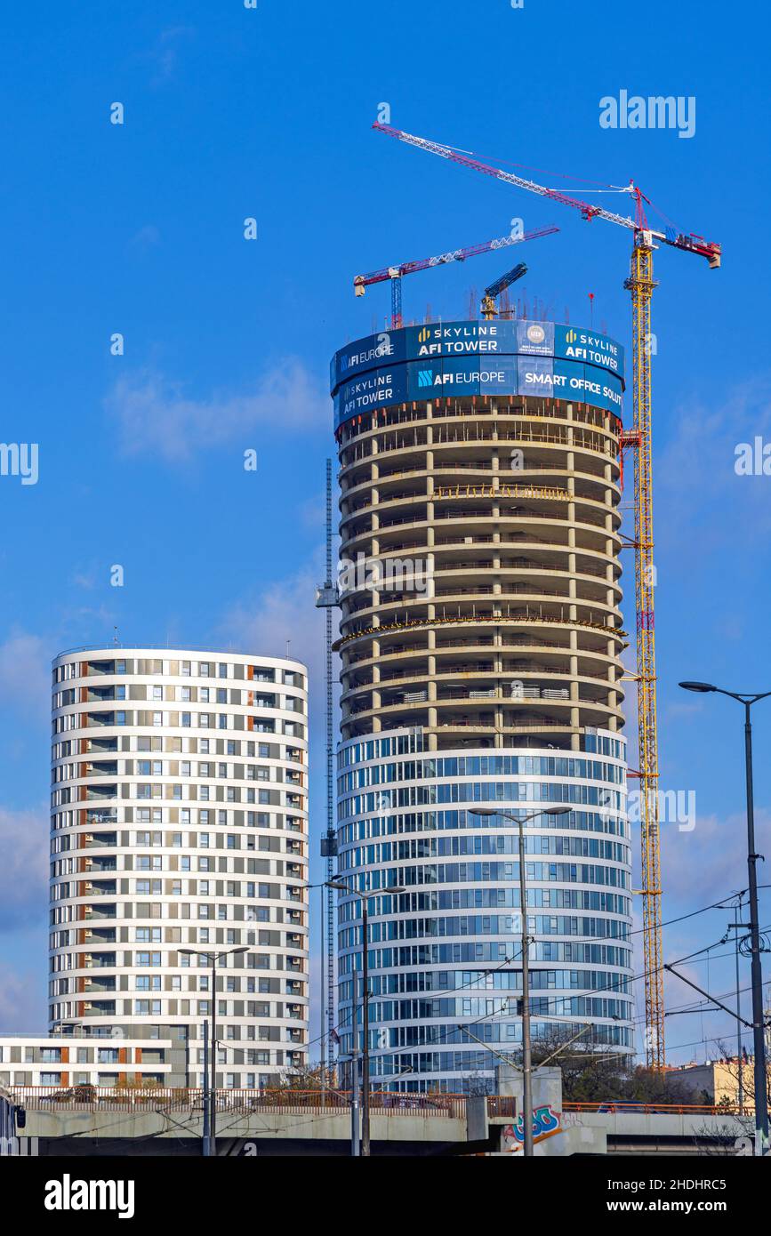 Belgrad, Serbien - 23. November 2021: Skyline Tower Afi Europe Constry Site Skyscraper Building. Stockfoto