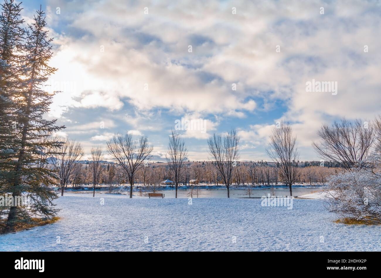 Sonnenbeschienenen Wolken über Einem Snowy Park Stockfoto