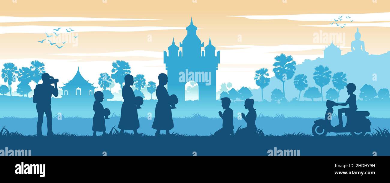ASEAN Landschaft Land Hintergrund von Loas mit berühmten Tor und Tempel, während Mönche fragen nach Essen und Tourist macht Fotos, Vektor-Illustration Stock Vektor