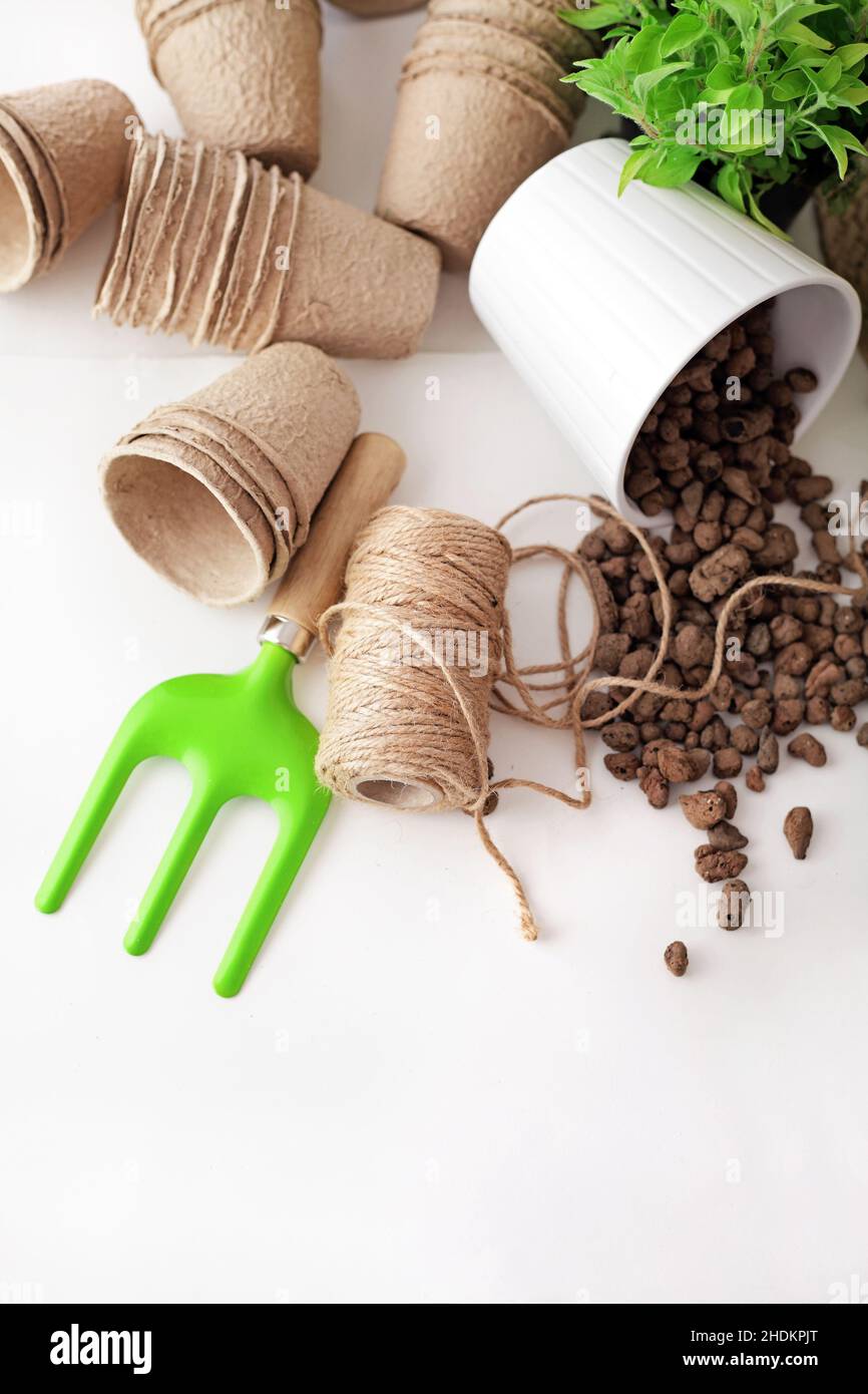 Gartenarbeit, Gartensaison, Gartengeräte, Pflanzenpflege, Pflege von Pflanzen, Gartensaison, Gartengeräte, Gartengeräte Stockfoto