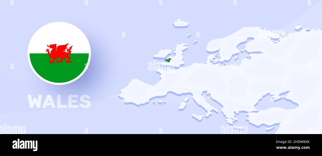flagge der karte von wales. Vektordarstellung mit einer Karte von Europa und einem hervorgehobenen Land mit Nationalflagge Stock Vektor