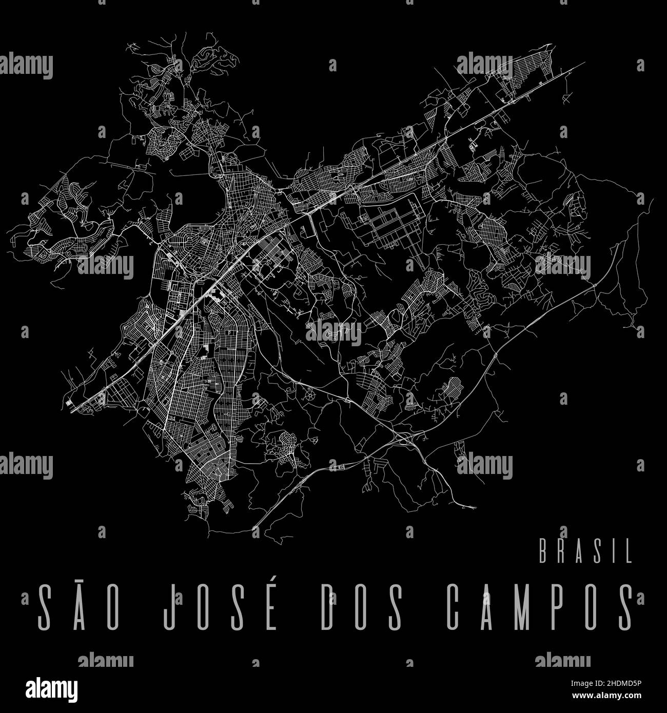 Sao Jose dos Campos Stadt Vektor Karte Poster. Brasilien Gemeinde Quadrat lineare Straßenkarte, administrative Gemeindegebiet, weiße Linien auf schwarzem Backgrou Stock Vektor