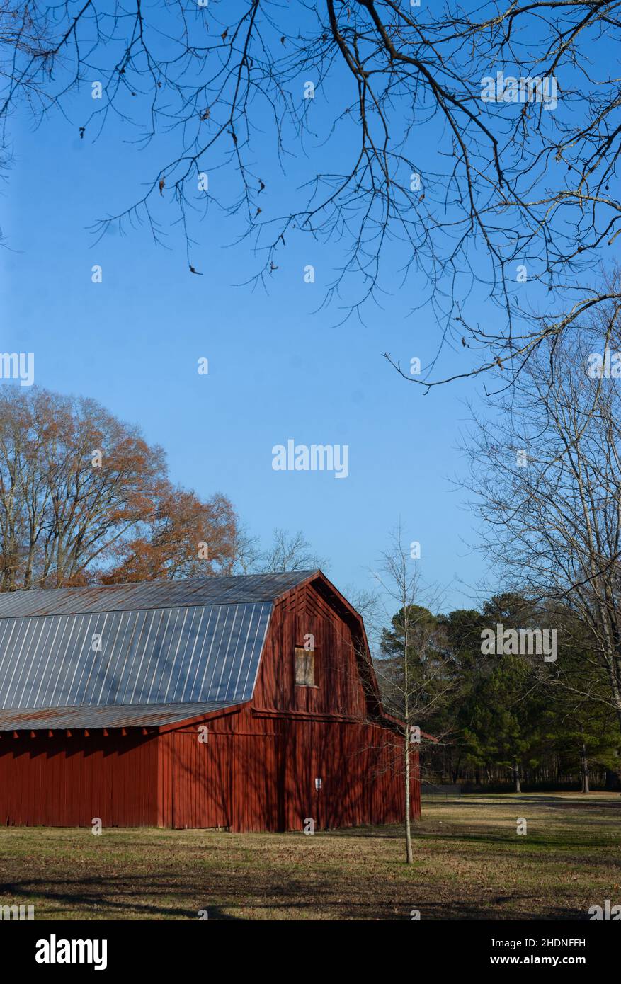 Rote Scheune auf einem leeren Feld Stockfoto