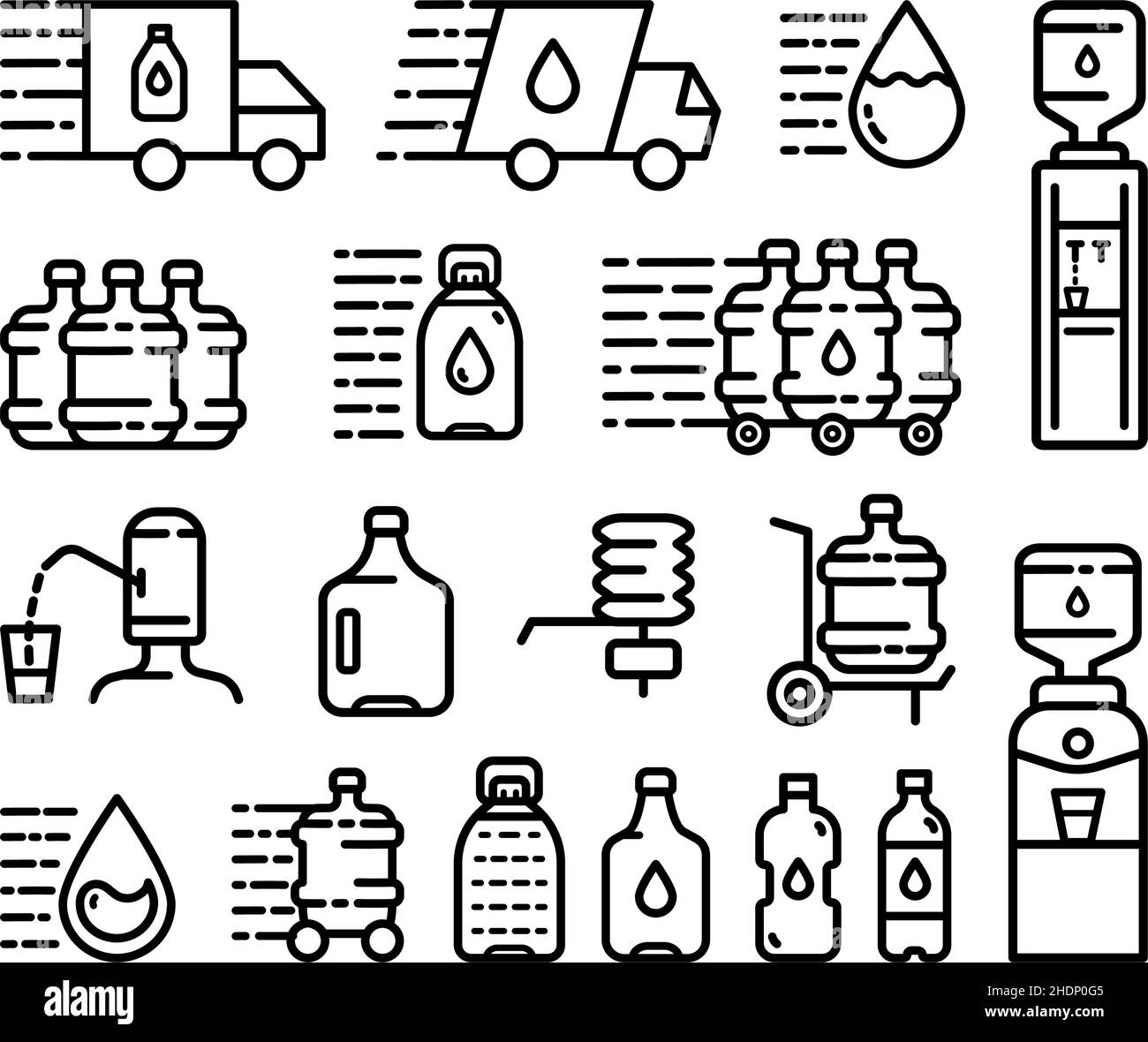 Sammlung der Symbole für die Wasserzuführung. Skizzieren Sie das Wasserflaschen-Set. Vektorsymbole für Webdesign isoliert auf weißem Hintergrund Stock Vektor