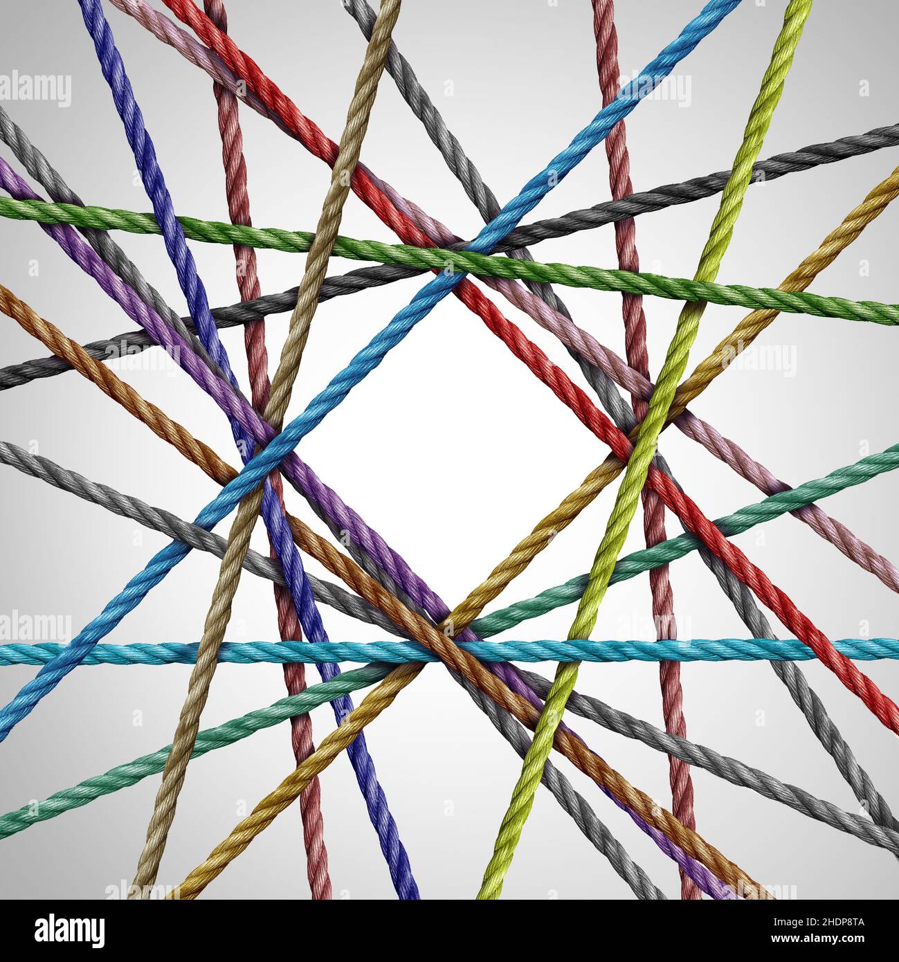 Diamantförmige Divesisty-Verbindungsgruppe aus Seilen, die eine zentrale Winkelform als Verbindungskonzept für Business- oder Social Media-Anwendungen schaffen. Stockfoto
