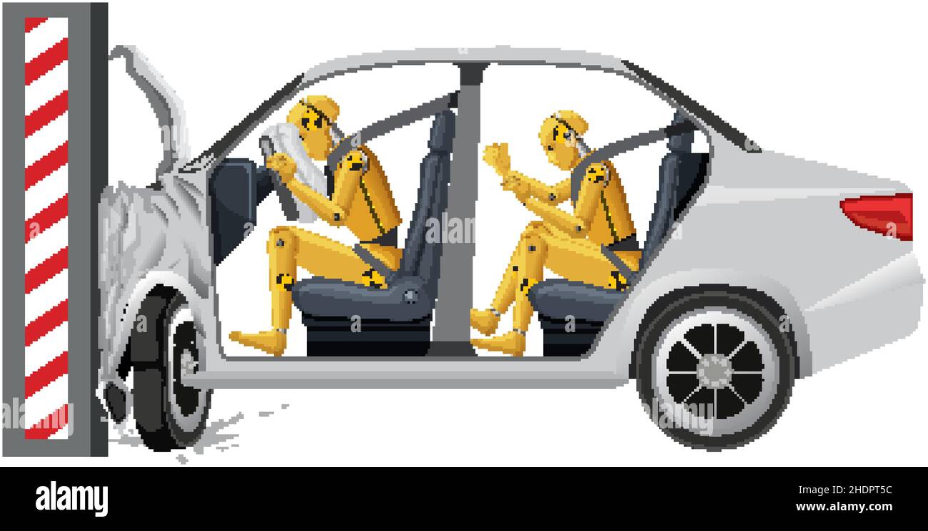 Crashtest-Dummy mit kaputter Auto-Illustration Stock Vektor