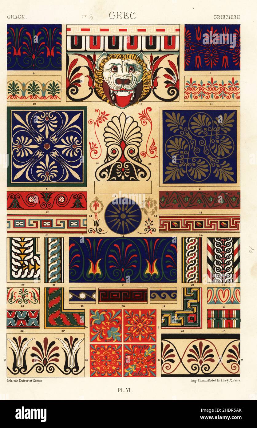 Antike griechische Kunst. Frieze und Korona aus dem Parthenon 1-3. frieze im Tempel des Wingless Victory, Athen 4, cocona 5, antifixae 6, Fragmente 7-9, Eingang zum Tempel der Minerva Polias, Athen 10, Fries aus dem Tempel von Paestum 11, Tempel des Jupiter, Ägina 12,13, Stern aus den Propylaeen 14, Cymatium 15, Soffit 16, bemalte Leisten 17, Vitruvianische Schriftrollen 18,19, Mäander 20,21, Sarkophag 22, Coping 23, Mosaik 24, griechisch-römische verschachtelte Ornamente 30-33, Ornamente 34 und Palmblätter 35. Handgefertigter Chromolithograph von Dufour & Sanier aus L’Ornement Polych von Albert-Charles-Auguste Racinet Stockfoto