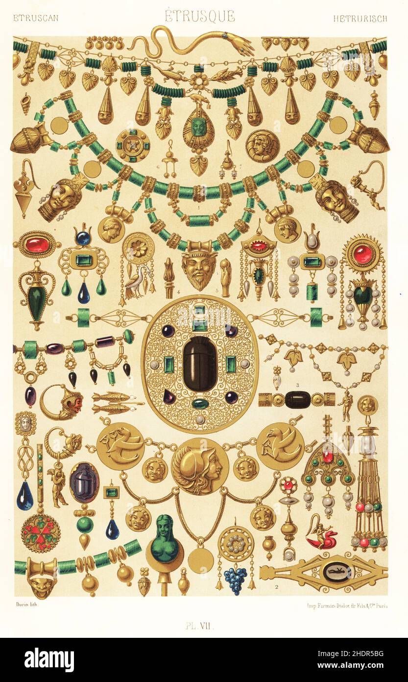 Alte etruskische oder Etruskische Kunst und Schmuck. Halskette mit Köpfen und Reizen 1, Ringen 2,3, Haarnadeln 4,5 und Ohrringen 6,7. Aus der Campana-Sammlung im Louvre. Handgefertigter Chromolithograph von Durin aus Albert-Charles-Auguste Racinets L’Ornement Polychrome, (polychromatischer Ornament), Firmin-Didot, Paris, 1869-73. Stockfoto