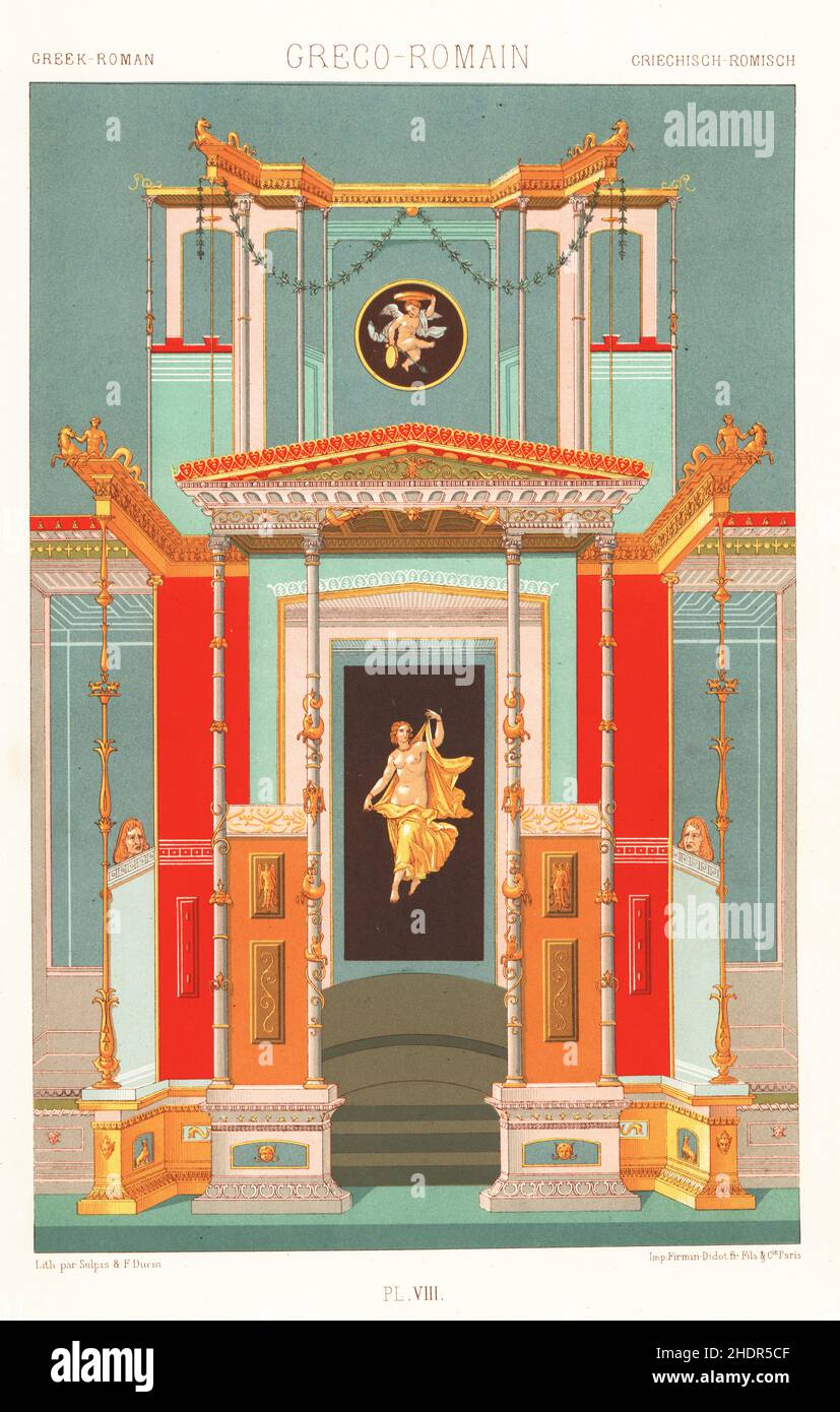 Wandgemälde aus dem Haus des Marcus Lucretius, Casa delle Suonatrici, Strada Stabiana 33, Pompeji. Das tanzende Mädchen und der Cherub mit Tympanon waren nicht im Original-Wandbild. Handgefertigter Chromolithograph von Sulpis & F. Durin aus Albert-Charles-Auguste Racinets L’Ornement Polychrome, (polychromatischer Ornament), Firmin-Didot, Paris, 1869-73. Stockfoto