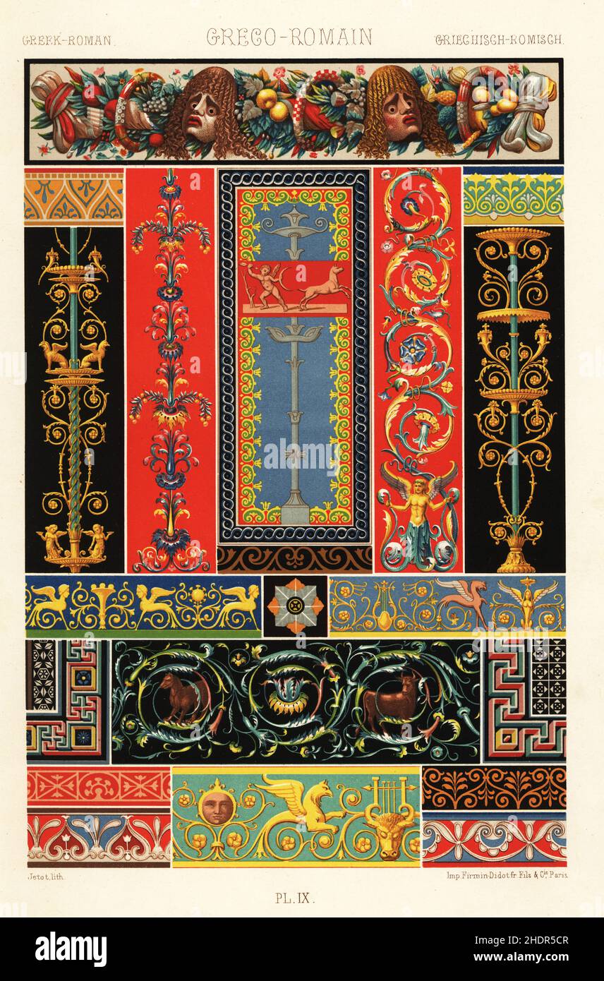 Griechisch-römische Mosaike, bemalte Reliefs und Wandmalereien. Mosaiken aus Herculaneum und Pompeji 1-7, Haus des Faun 6, Haus des Polybius 7, gemalte Flachreliefs aus Pompeji 8,9, sowie bemalte Tafeln, Friesen, Bordüren 10-20. Handgefertigter Chromolithograph von Jetot aus Albert-Charles-Auguste Racinets L’Ornement Polychrome, (polychromatischer Ornament), Firmin-Didot, Paris, 1869-73. Stockfoto