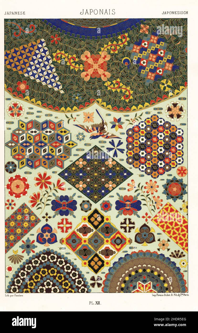 Japanische Kunst: Cloisonne-Emaille. Handgefertigter Chromolithograph von Painleve aus Albert-Charles-Auguste Racinets L’Ornement Polychrome, (polychromatischer Ornament), Firmin-Didot, Paris, 1869-73. Stockfoto