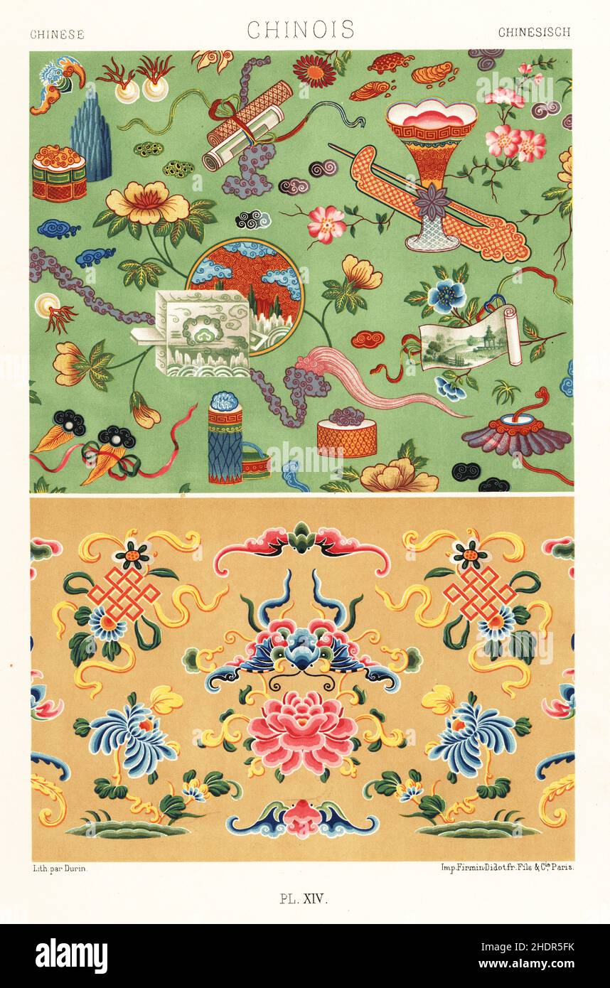 Chinesische Kunst: Kostenlose Dekoration. Schriftrollen, Blumen, Vasen auf grünem Grund (oben) und Blumen und Motive auf gelber Seide (unten). Chinois. Handgefertigter Chromolithograph von F. Durin aus Albert-Charles-Auguste Racinets L’Ornement Polychrome, (polychromatischer Ornament), Firmin-Didot, Paris, 1869-73. Stockfoto