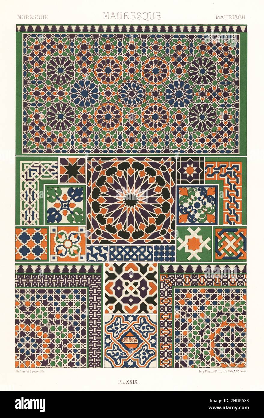 Maurische Kunst: Mosaik und emaillierte Terrakotta-Fliesen. Beispiele für maurisches Design aus dem Alhambra-Palast in Granada und dem Alcazar in Sevilla, Spanien. Mauresque. Handgefertigter Chromolithograph von Dufour & Sanier aus Albert-Charles-Auguste Racinets L’Ornement Polychrome, (polychromatischer Ornament), Firmin-Didot, Paris, 1869-73. Stockfoto