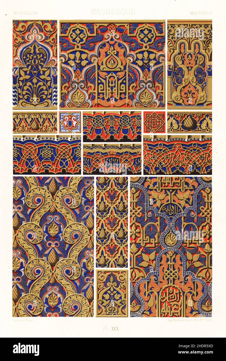 Maurische Kunst: Architektonische Dekoration. Beispiele von Bordüren und Wanddekorationen aus dem Alhambra-Palast, Granada, Spanien. Mauresque. Handgefertigter Chromolithograph von F. Durin aus Albert-Charles-Auguste Racinets L’Ornement Polychrome, (polychromatischer Ornament), Firmin-Didot, Paris, 1869-73. Stockfoto