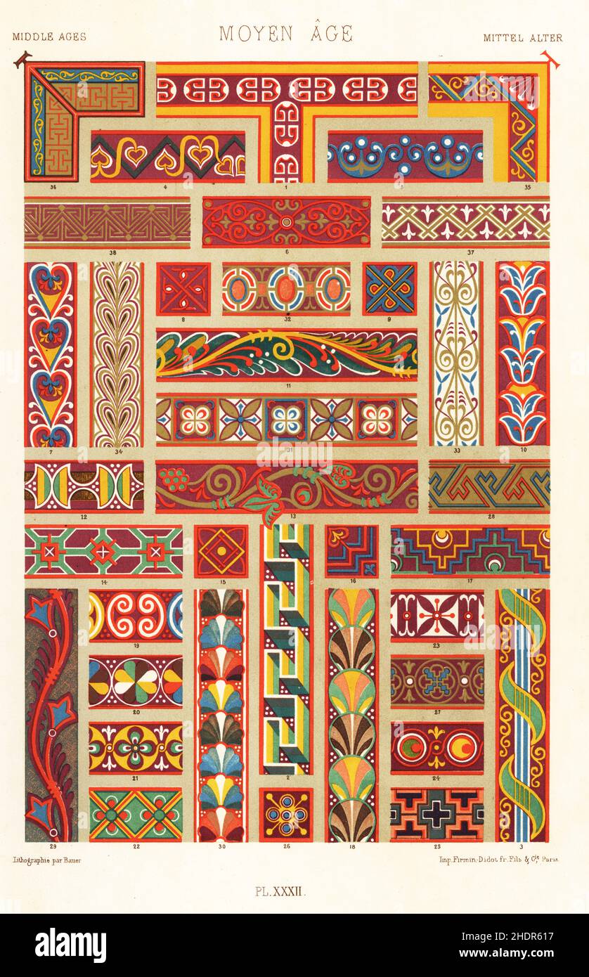 Kunst des Mittelalters: Handschriftenschmuck, 8th. Jahrhundert. Grenzen aus den lateinischen illuminierten Handschriften Evangelien von Saint-Sernin im Louvre und Evangelien von Saint-Medard, Bibliotheque Nationale. Moyen-Alter. Übergang vom griechisch-römischen zum byzantinischen Stil. Handgefertigter Chromolithograph von Bauer aus Albert-Charles-Auguste Racinets L’Ornement Polychrome, (polychromatischer Ornament), Firmin-Didot, Paris, 1869-73. Stockfoto