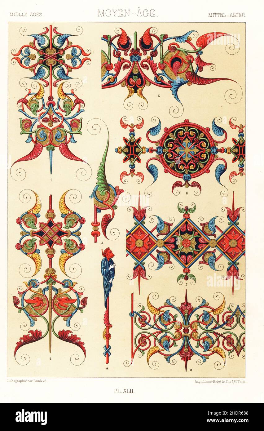 Mittelalter, illuminierte Handschrift, 14th. Jahrhundert. Ornamente aus der lateinischen Handschrift Codex Colbert, Buch des hl. Thomas von Aquin, 1301, MS 7241, Bibliotheque Nationale. Moyen-Alter. Handgefertigter Chromolithograph von Painleve aus Albert-Charles-Auguste Racinets L’Ornement Polychrome, (polychromatischer Ornament), Firmin-Didot, Paris, 1869-73. Stockfoto