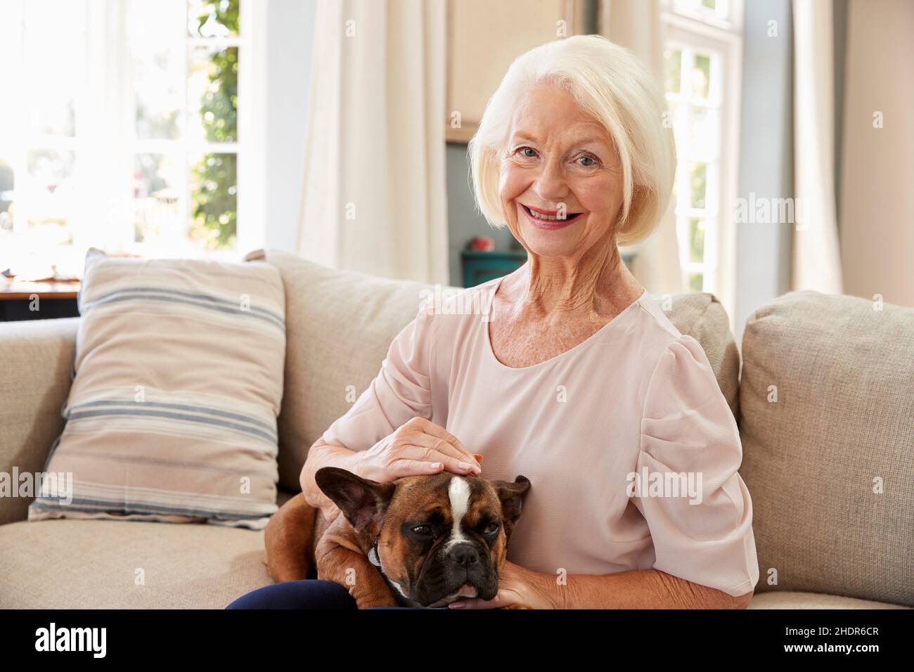 Ältere Leute, Haustiere, Hund, streicheln, ältere Leute, Alt, Senioren, Haustier, Hunde Stockfoto