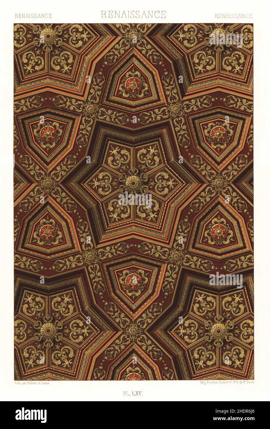 Renaissance-Kunst: Decke mit vergoldeten Fächern, 16th. Jahrhundert. Eichendecke mit geschnitzten und vergoldeten Fächern, großer Saal des Parlaments der Normandie, Palais de Justice, Rouen. Handgefertigter Chromolithograph von Dufour & Laval aus Albert-Charles-Auguste Racinets L’Ornement Polychrome, (polychromatischer Ornament), Firmin-Didot, Paris, 1869-73. Stockfoto