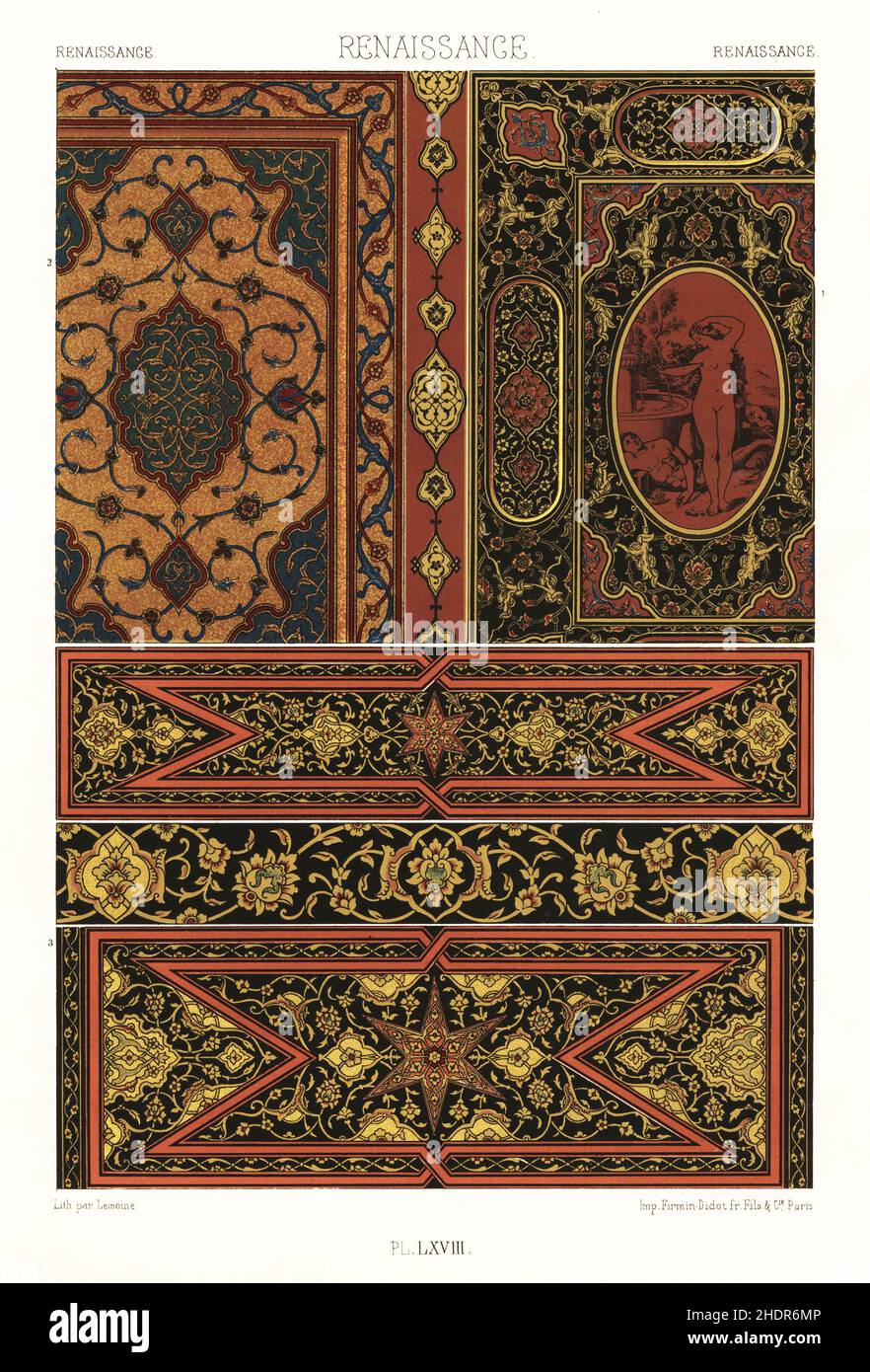 Renaissance-Kunst: Bindungen und venezianische Intarsien. Bucheinband mit ovalem Ölgemälde (r), Bucheinband mit Innenrand (l) und Intarsien aus einem Cembalo aus dem 16th. Jahrhundert, Cluny Museum. Handgefertigter Chromolithograph von Lemoine aus Albert-Charles-Auguste Racinets L’Ornement Polychrome, (polychromatischer Ornament), Firmin-Didot, Paris, 1869-73. Stockfoto