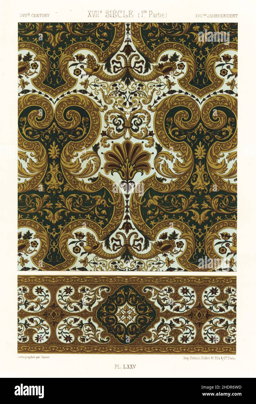 Panel aus vergoldetem Leder mit Bordüre, 17th. Jahrhundert. Cordovan Leder mit Gold und Silber gestempelt, Cluny Museum. XVIIme Siecle. Handgefertigter Chromolithograph von G. Sanier aus Albert-Charles-Auguste Racinets L’Ornement Polychrome, (polychromatischer Ornament), Firmin-Didot, Paris, 1869-73. Stockfoto