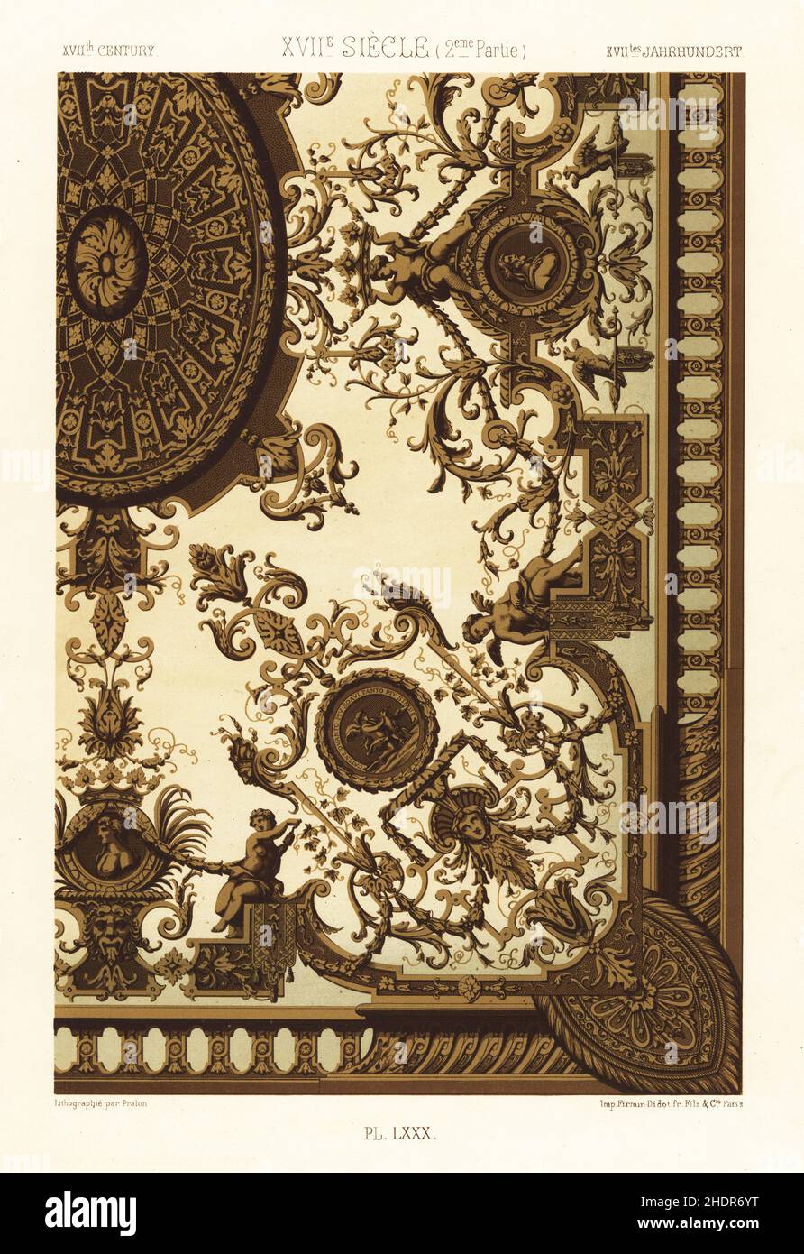 Gewölbte vergoldete Decke, 17th. Jahrhundert. Im alten Hotel de Mailly, Paris, das Daniel Marot zugeschrieben wird. XVIIme Siecle. Handgefertigter Chromolithograph von Pralon aus Albert-Charles-Auguste Racinets L’Ornement Polychrome, (polychromatischer Ornament), Firmin-Didot, Paris, 1869-73. Stockfoto