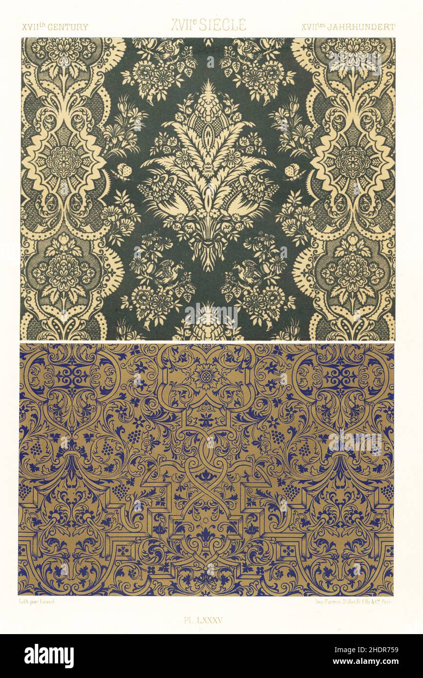 Seide und gestempelte Designs, 17th Jahrhundert. Franco-orientalisches Seidendesign (oben) und gestempelte Endpapiere im Stil von König Ludwig XIII. Von Frankreich. XVIIme Siecle. Handgefertigter Chromolithograph von Leveil aus Albert-Charles-Auguste Racinets L’Ornement Polychrome, (polychromatischer Ornament), Firmin-Didot, Paris, 1869-73. Stockfoto