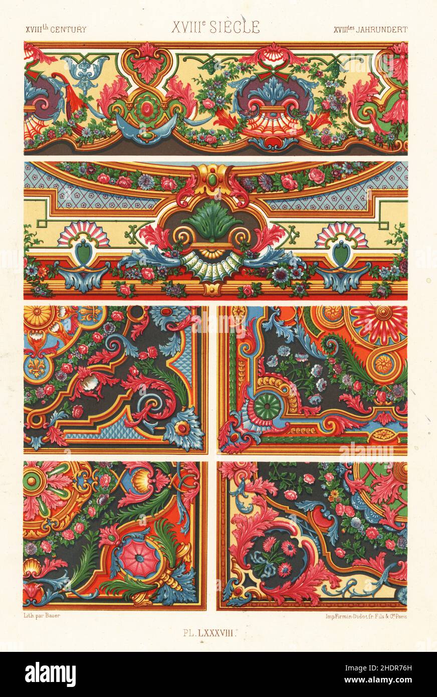 Französische Wandteppiche, 18th. Jahrhundert. Entwürfe für Wandteppiche aus einem Manuskript von Robert de Cotte, Bibliotheque Nationale, Cabinet des Estampes. XVIIIme Siecle. Handgefertigter Chromolithograph von Bauer aus Albert-Charles-Auguste Racinets L’Ornement Polychrome, (polychromatischer Ornament), Firmin-Didot, Paris, 1869-73. Stockfoto