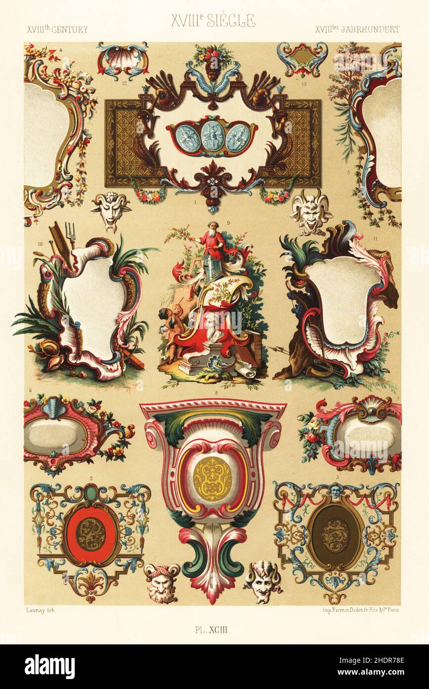 Kartuschen für Bücher, Exlibris, Camaieu aus dem 18th. Jahrhundert. Von den Künstlern Bernard Picart 2,3, Elias Nilson 9, Jacques de Lajoue 10,11. XVIIie Siecle. Handgefertigter Chromolithograph von Launay aus Albert-Charles-Auguste Racinets L’Ornement Polychrome, (polychromatischer Ornament), Firmin-Didot, Paris, 1869-73. Stockfoto