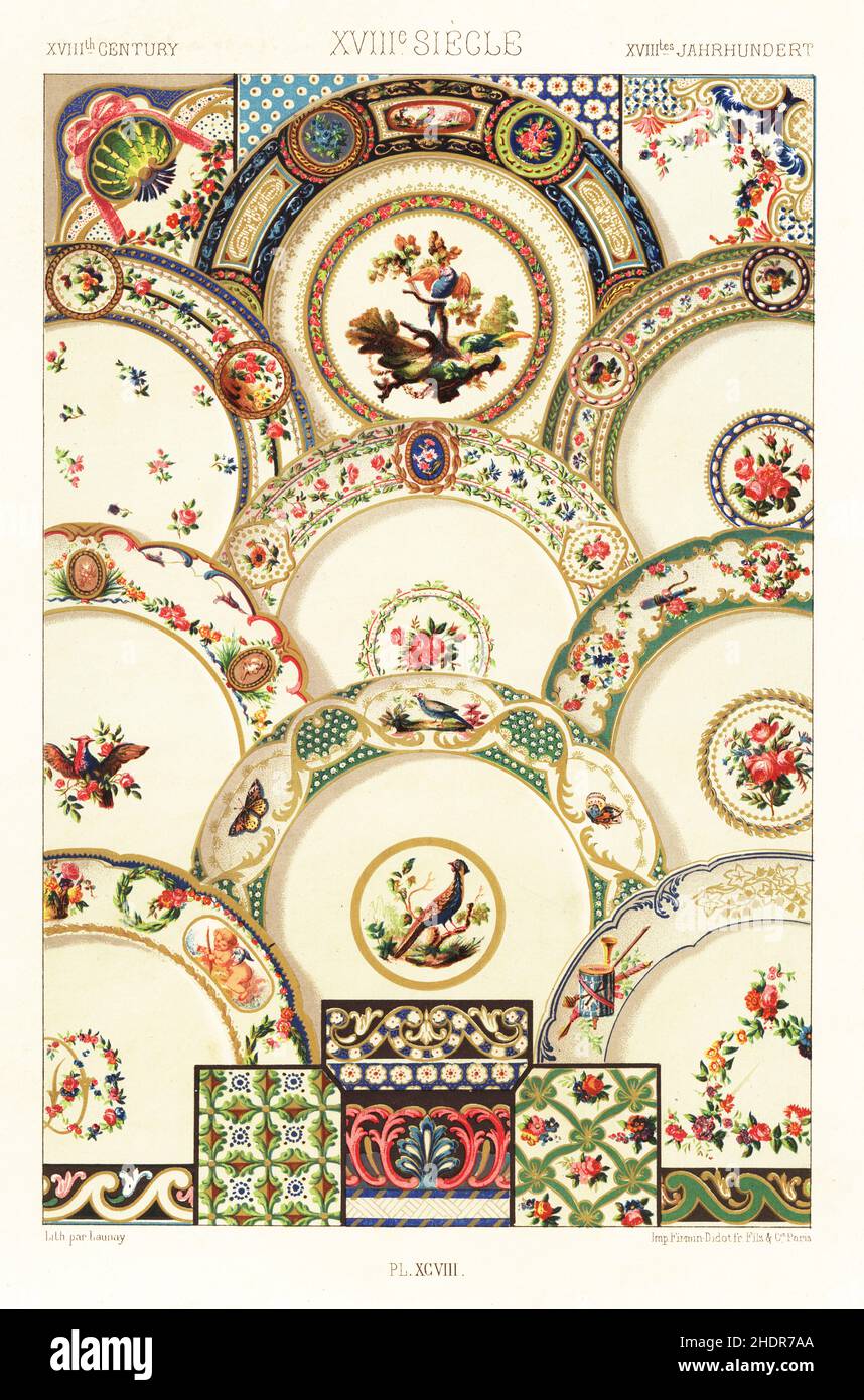 Gemälde auf Sevres Porzellan, 18th Jahrhundert. Teller von den Vögeln von Buffon und andere Dienstleistungen, Ecken, Böden und Grenzen von Tabletts. XVIIIme Siecle. Handgefertigter Chromolithograph von Launay aus Albert-Charles-Auguste Racinets L’Ornement Polychrome, (polychromatischer Ornament), Firmin-Didot, Paris, 1869-73. Stockfoto