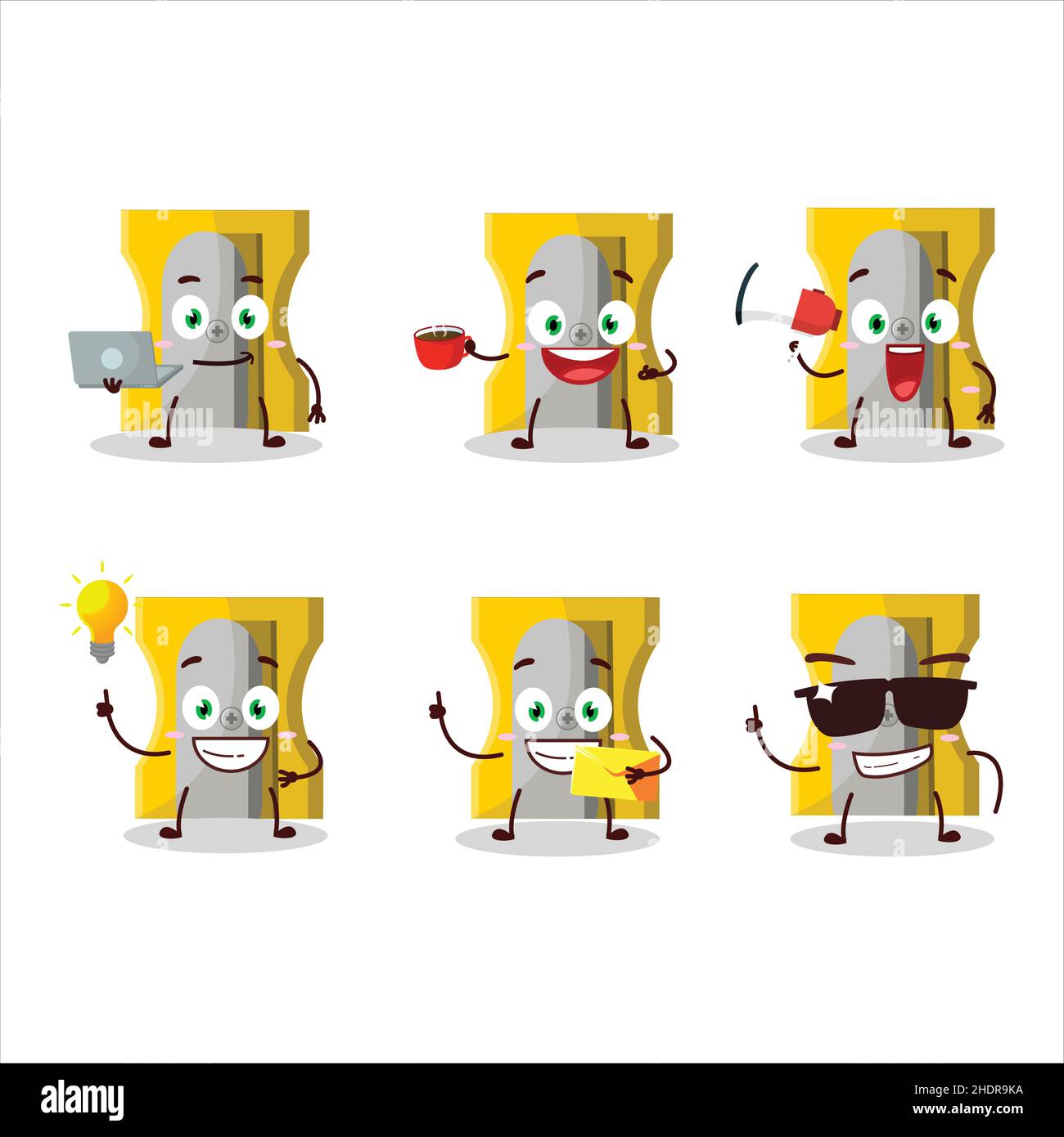 Gelber Bleistift Spitzer Cartoon-Figur mit verschiedenen Arten von Business-Emoticons. Vektorgrafik Stock Vektor