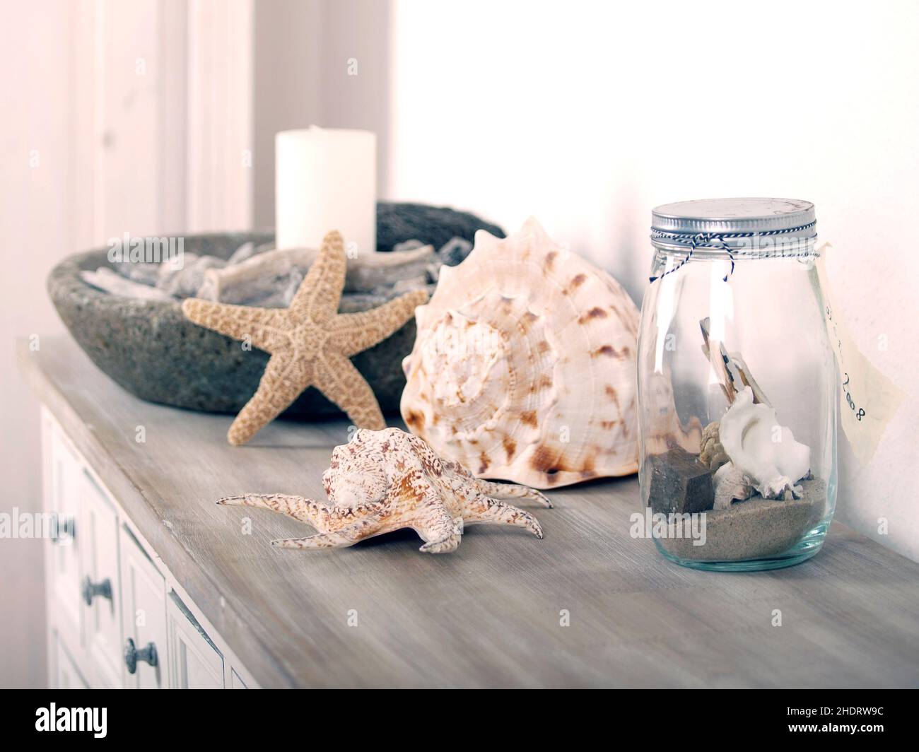 Seesterne, Schneckenmuschel, Dekoration, maritim, Baddekoration, Seesternen, Schnecken-Muscheln, Dekorationen, maritims, Badezimmer Dekorationen Stockfotografie