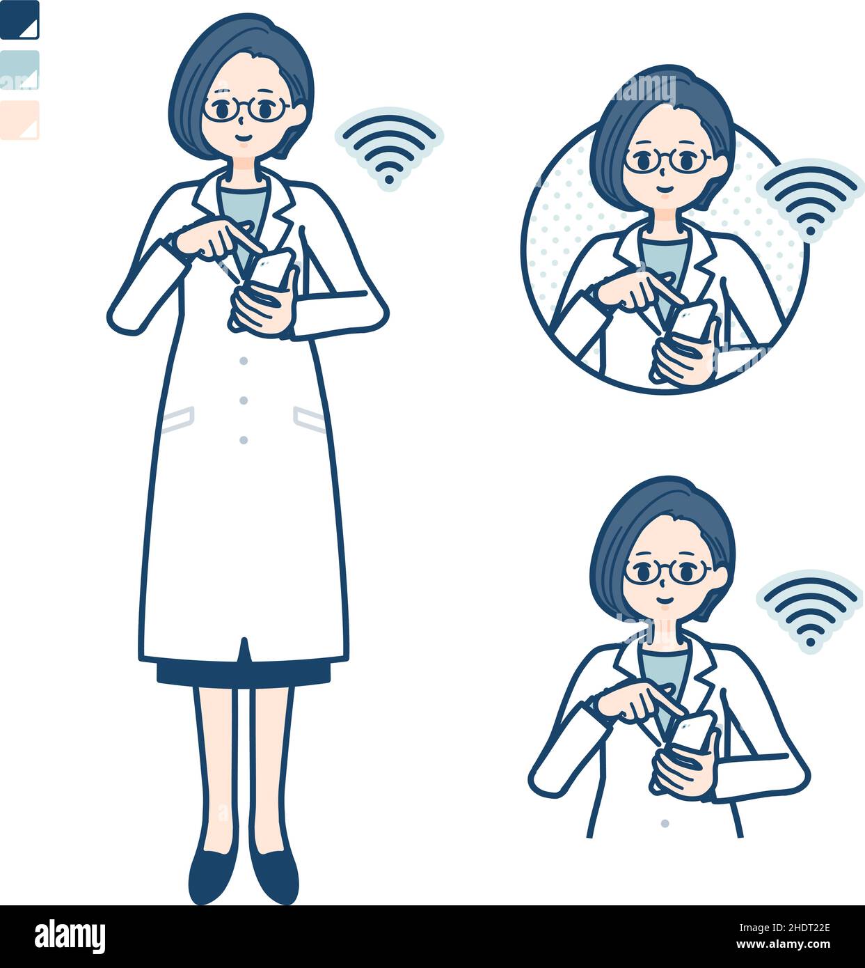 Eine Ärztin in einem Laborkittel mit bedienungsfähigen Smartphone-Bildern.Es ist Vektorgrafik, so dass es einfach zu bearbeiten ist. Stock Vektor