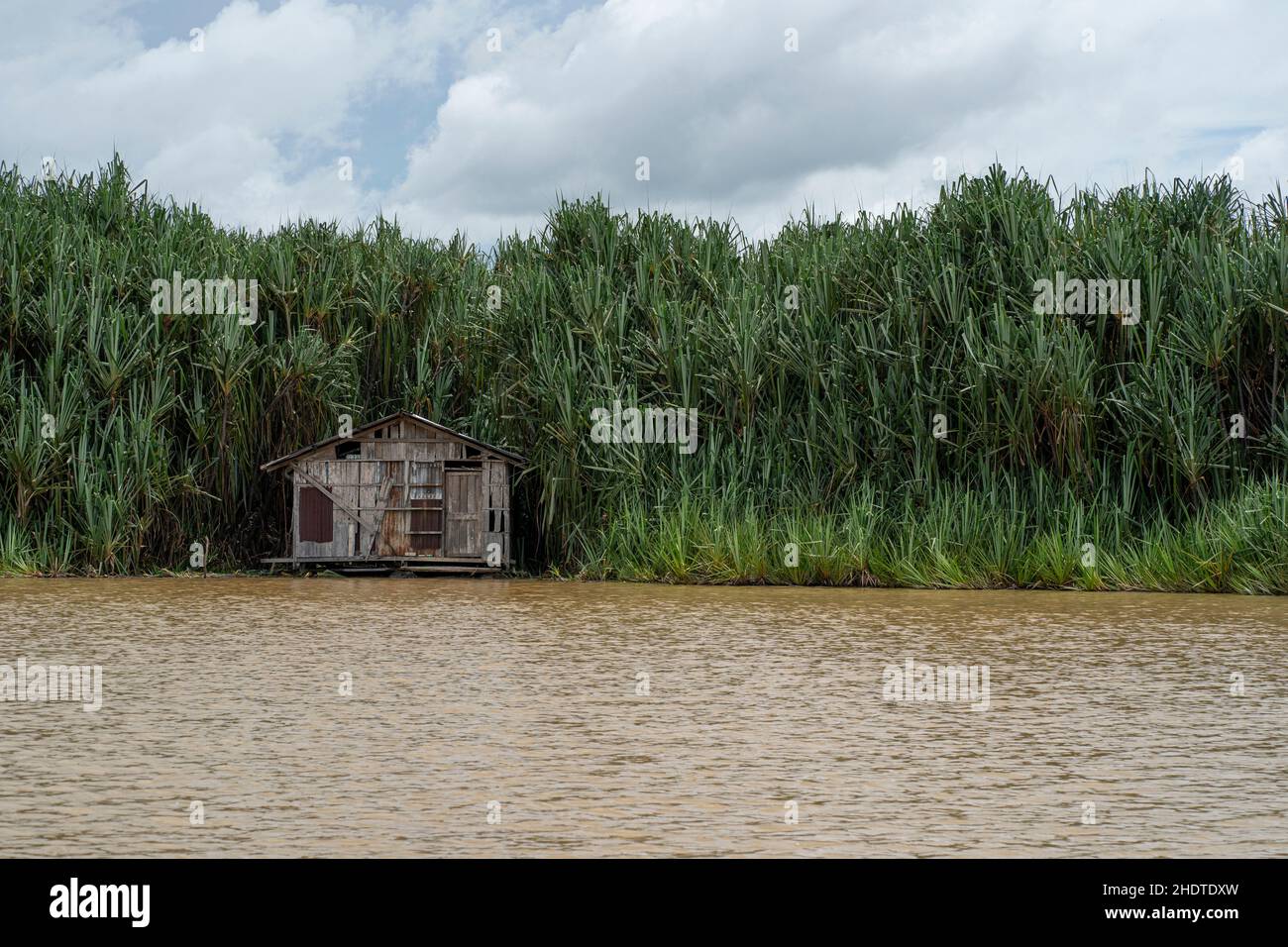 Eine traditionelle Hütte am ruhigen Wasser des Sees, umgeben von Pandanusbäumen. Selektive Fokuspunkte Stockfoto