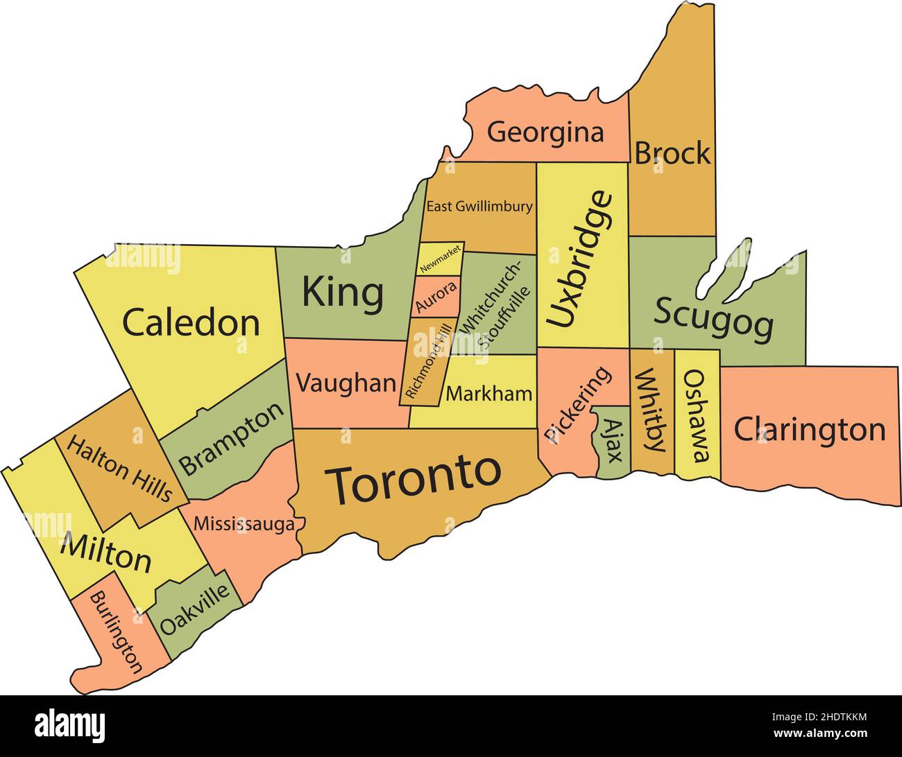 Pastell flache Vektor-Verwaltungskarte des GROSSRAUMS TORONTO, ONTARIO, KANADA mit schwarzen Grenzlinien und Namensschildern seiner Gemeinden Stock Vektor