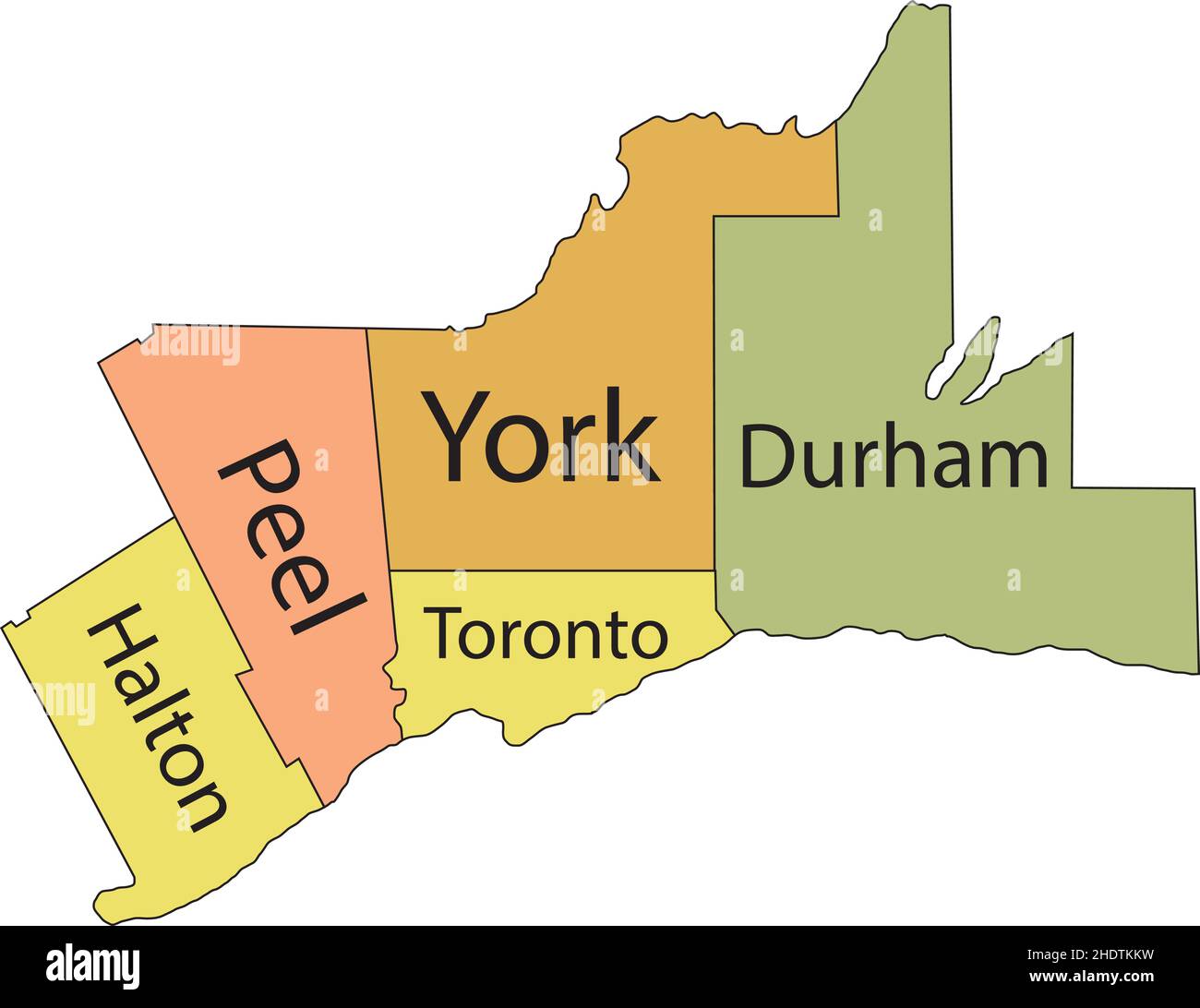 Pastellfarbene flache Vektor-Verwaltungskarte des GROSSRAUMS TORONTO, ONTARIO, KANADA mit schwarzen Grenzlinien und Namensschildern seiner Regionen Stock Vektor