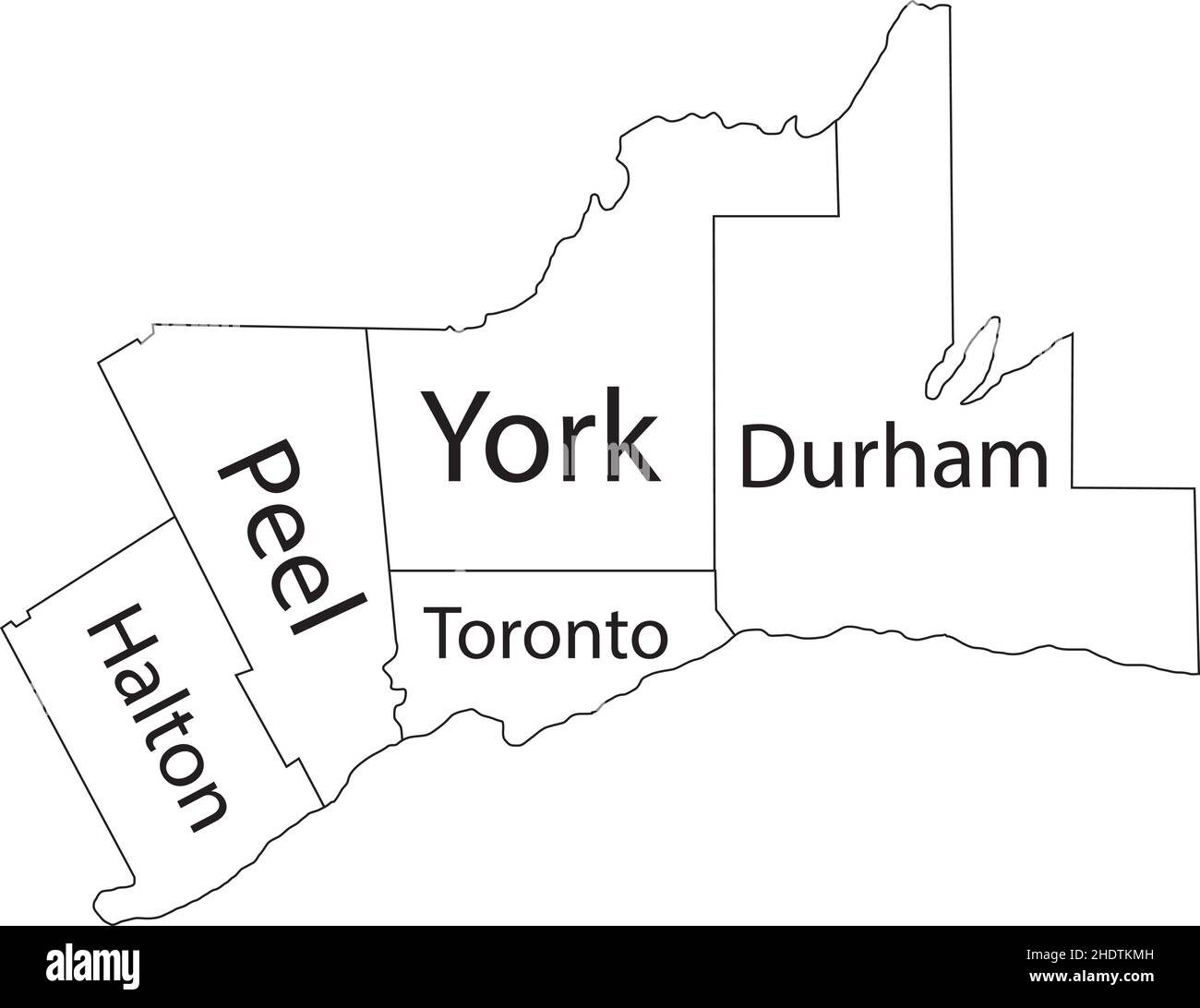 Weiße flache Vektor-Verwaltungskarte des GROSSRAUMS TORONTO, ONTARIO, KANADA mit schwarzen Grenzlinien und Namensschildern seiner Regionen Stock Vektor