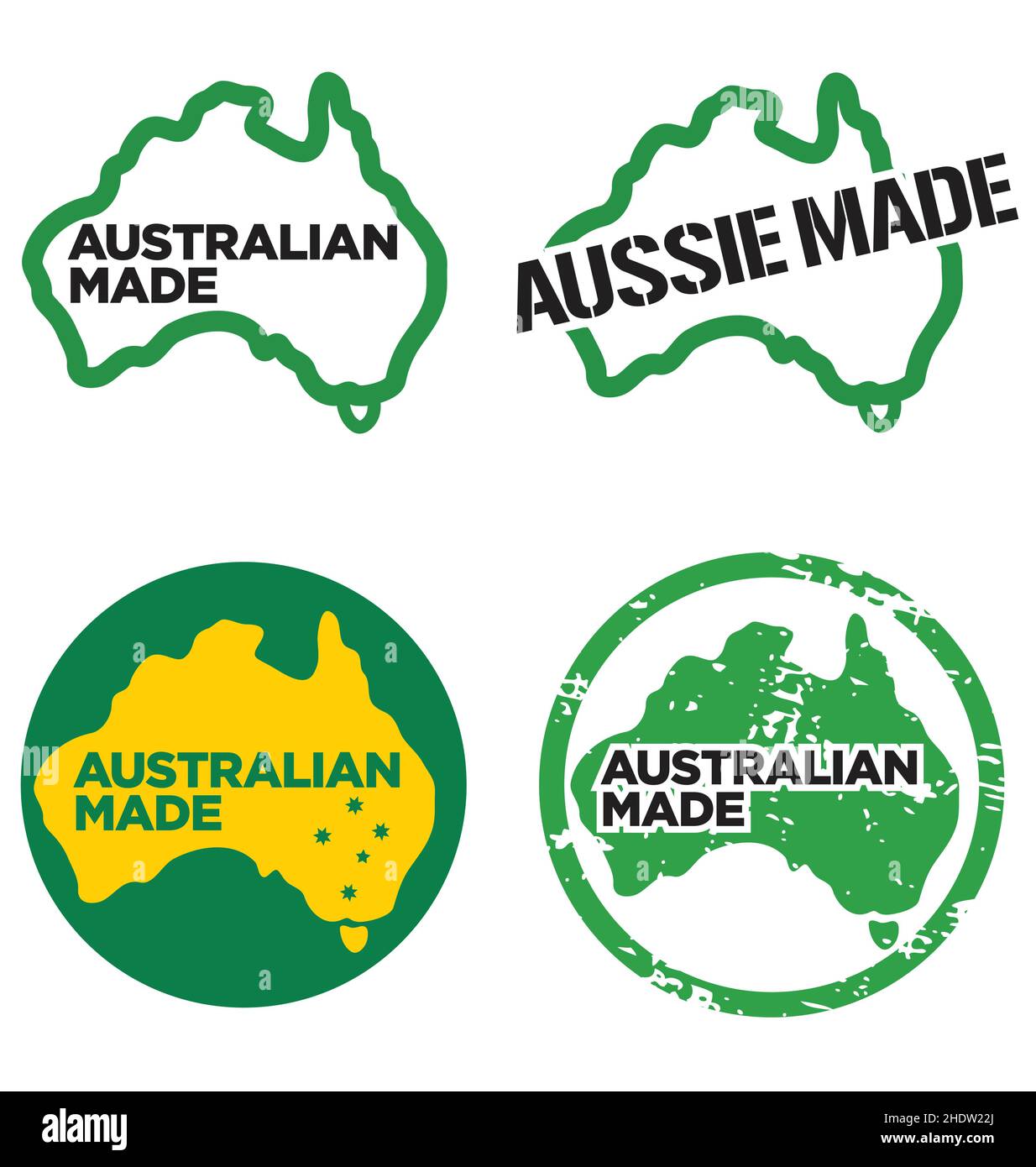 Verschiedene australische Made Logos in Australien grün und Gold Satz von 4 Vektor isoliert auf weißem Hintergrund Stock Vektor