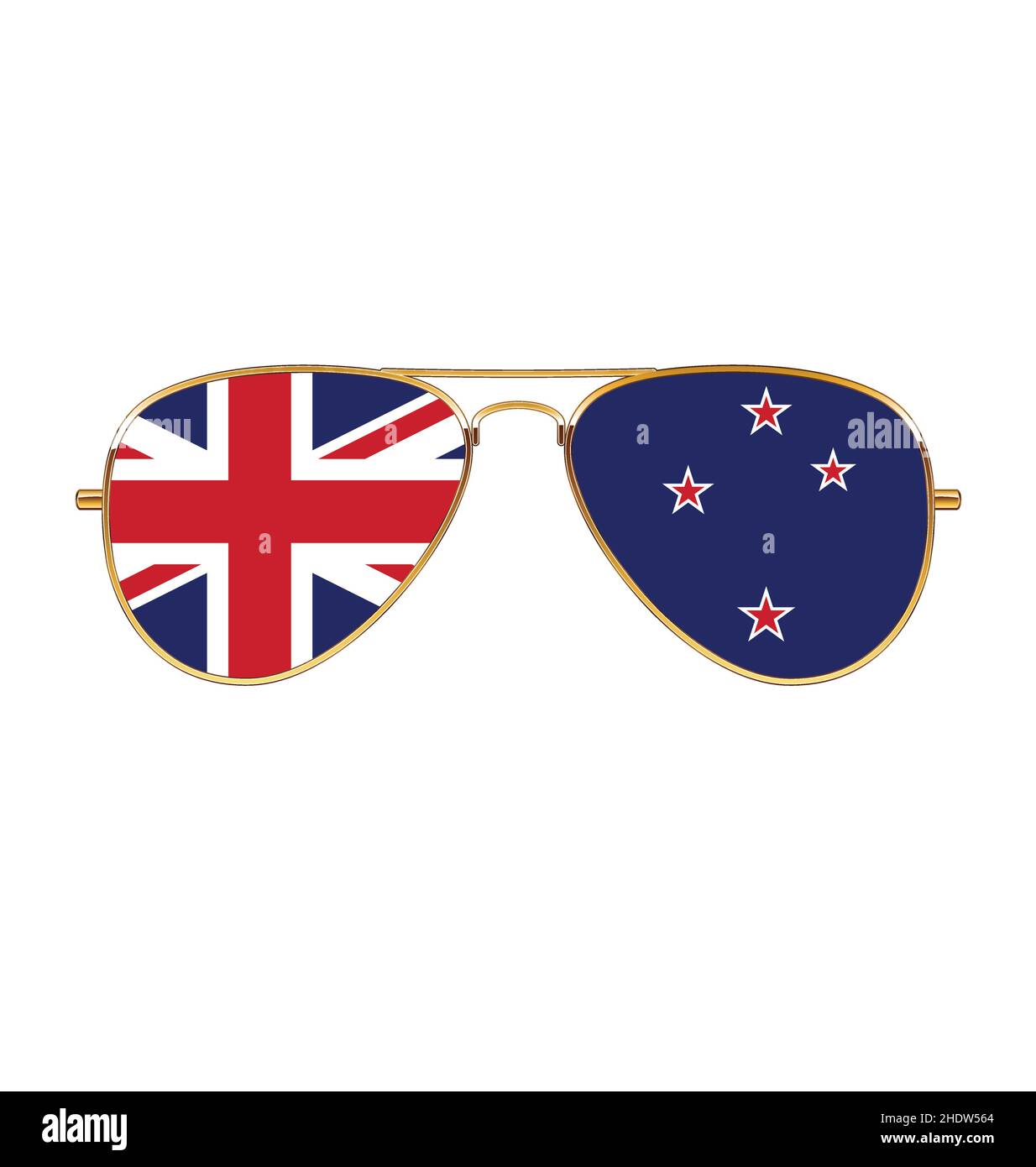 Coole Goldrand Rahmen Aviator Sonnenbrille mit Neuseeland Kiwi nz Flagge in Linsen Vektor isoliert auf weißem Hintergrund Stock Vektor