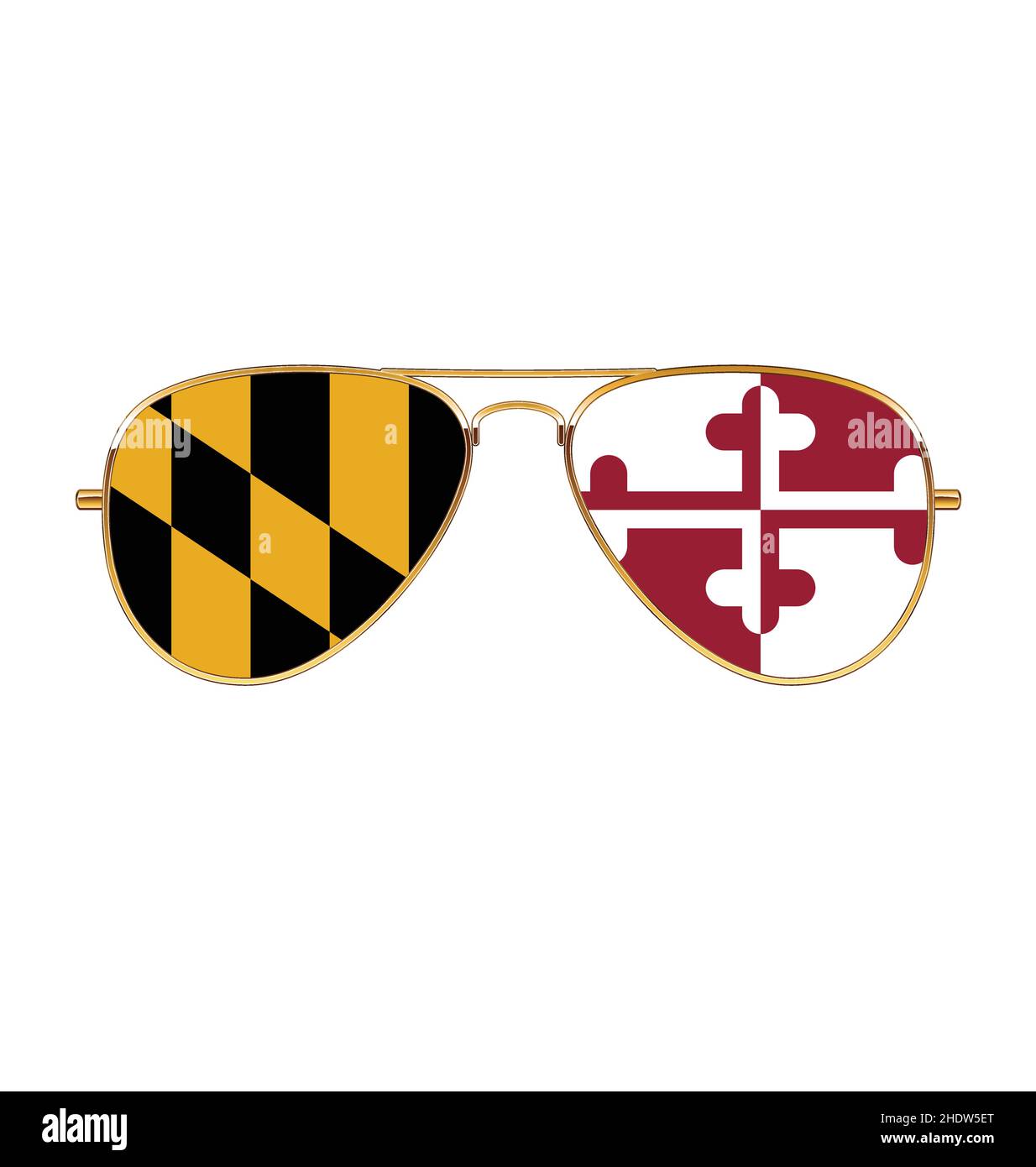 Coole Gold Rand Aviator Sonnenbrille mit Maryland MD Flagge in Linsen Vektor isoliert auf weißem Hintergrund Stock Vektor