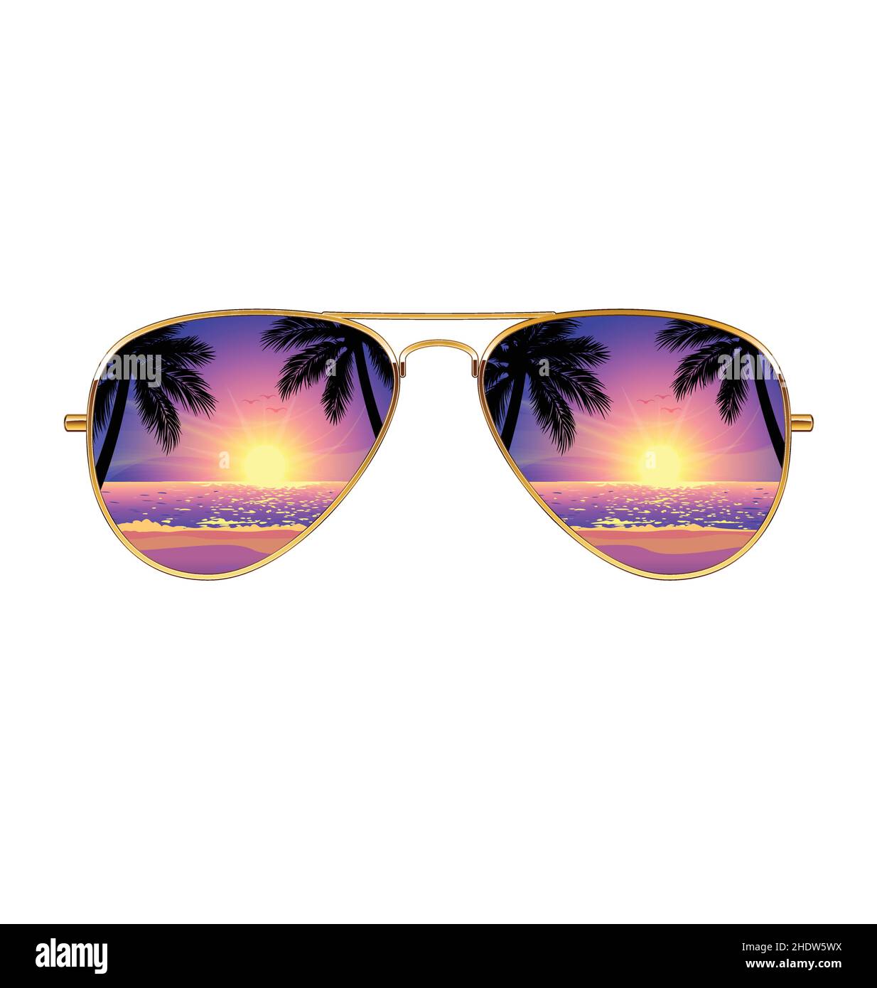 Cooler Sonnenuntergang Strand reflektiert in Aviator Sonnenbrille mit Spiegellinsen und goldenen Rahmen Vektor isoliert auf weißem Hintergrund Stock Vektor