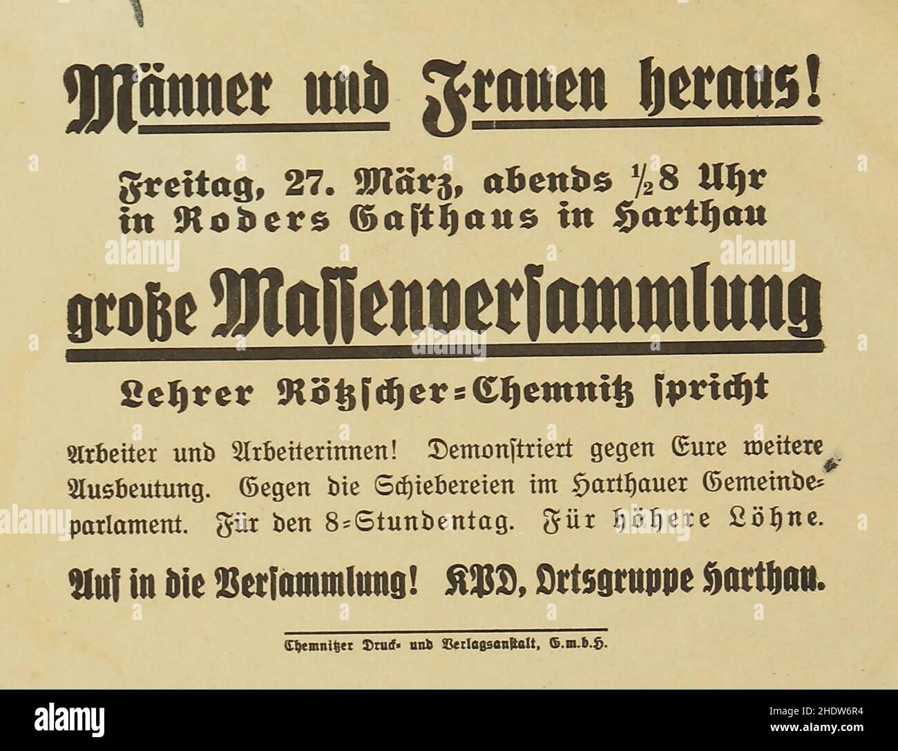 Flyer der Kommunistischen Partei Deutschlands 'Männer und Frauen!' - 1925. Stockfoto