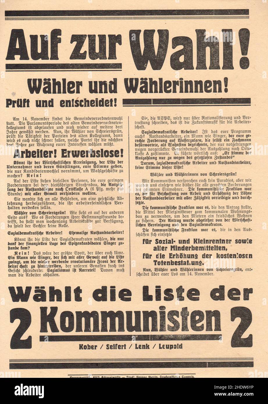 Flyer der Kommunistischen Partei Deutschlands 'Wahlen!' - 1926. Stockfoto