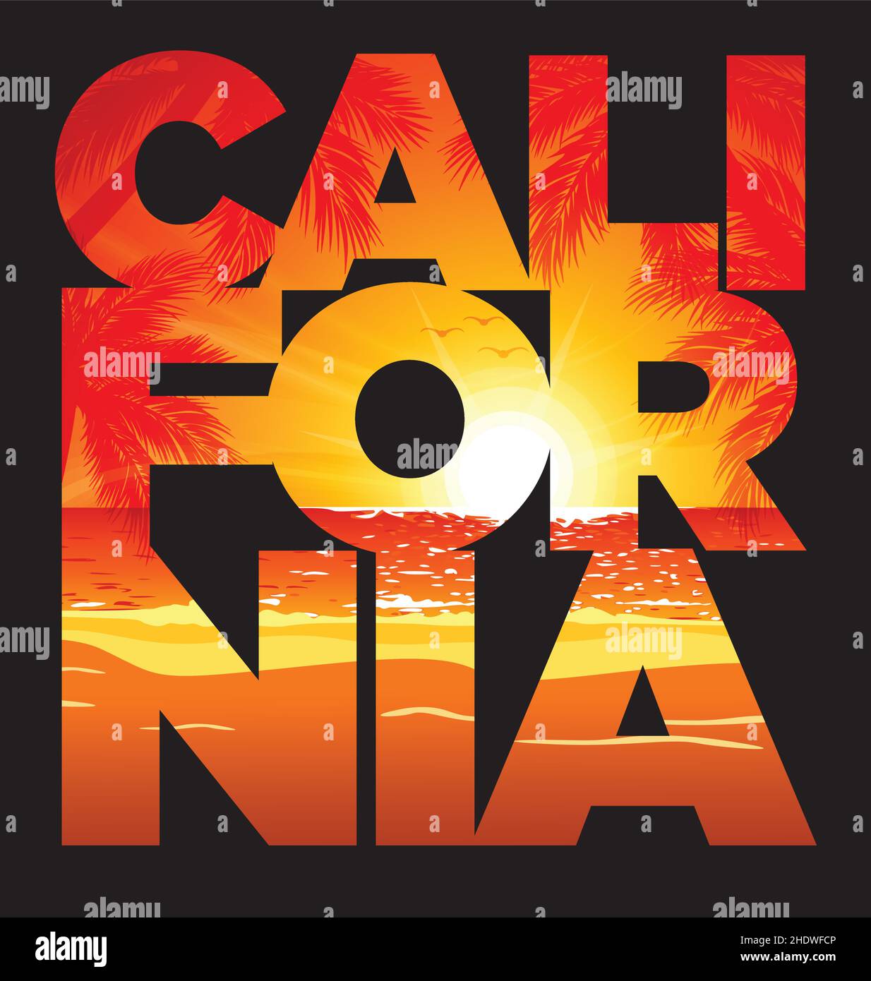 kalifornien Text mit Strand Sonnenuntergang schwarz T-Shirt Grafik Design Vektor Stock Vektor
