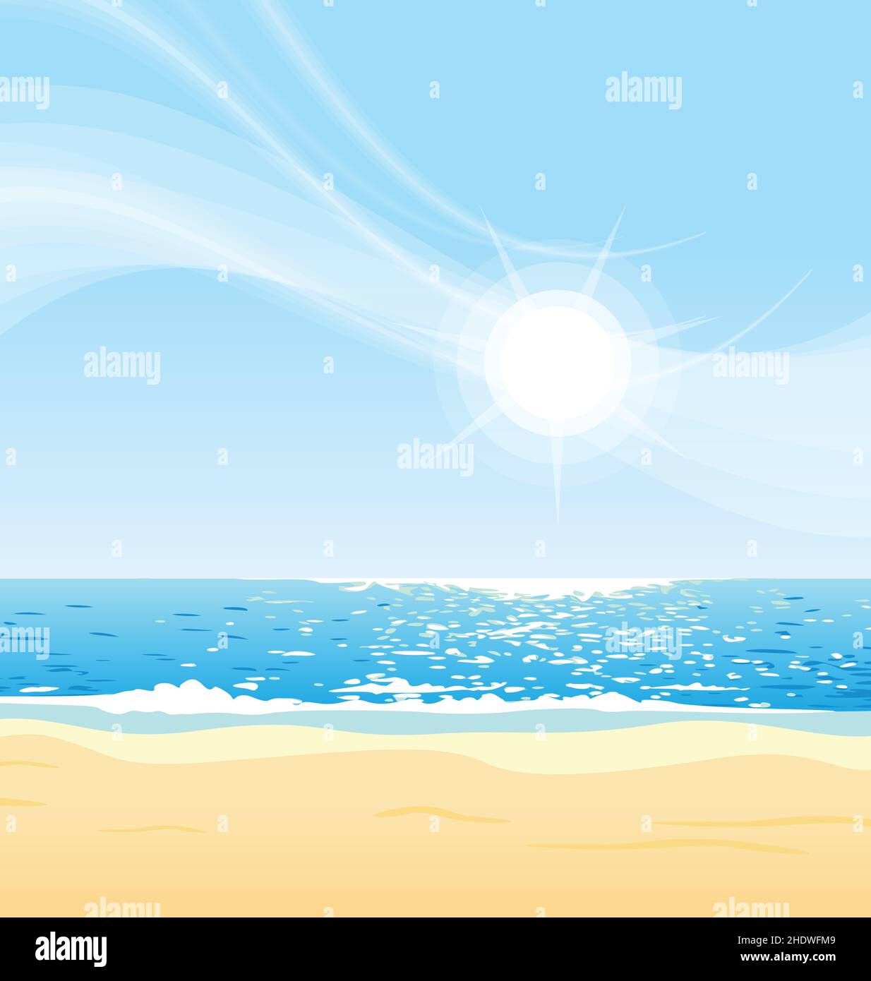 Schöner sonniger Tag am Strand mit blauem Wasserstandel Himmel und Sand Umwelt Hintergrund Vektor Stock Vektor