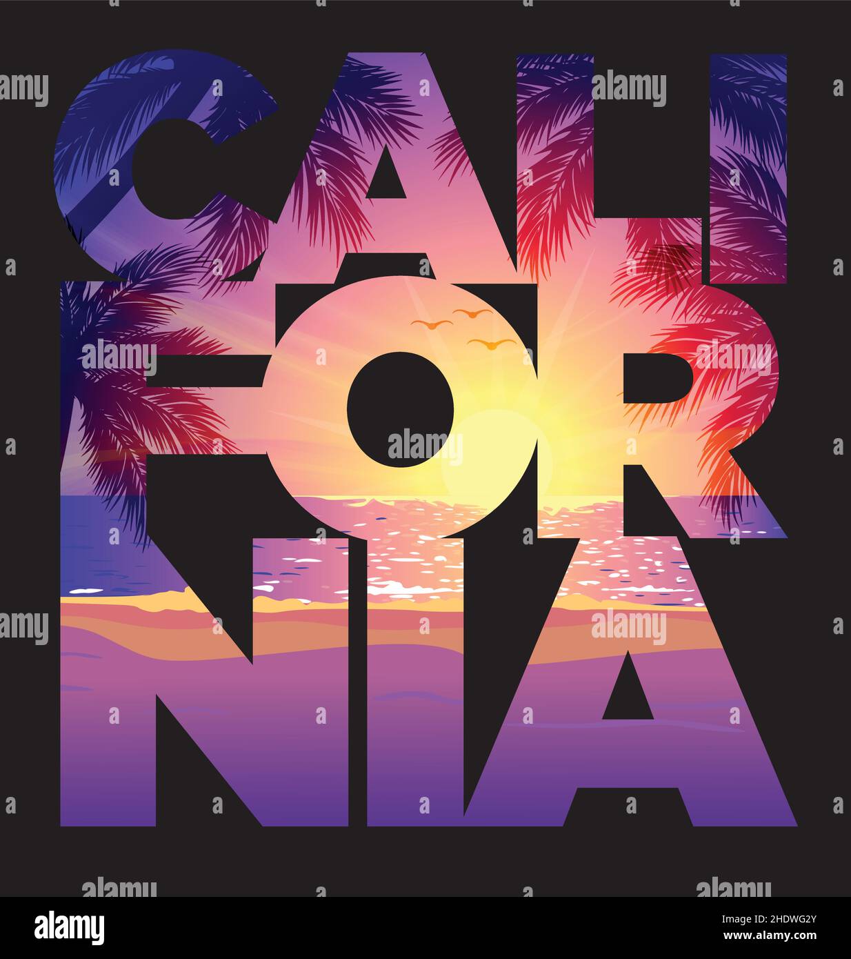 california Text mit golden lila orange Strand Sonnenuntergang schwarz T-Shirt Grafik-Design Stock Vektor