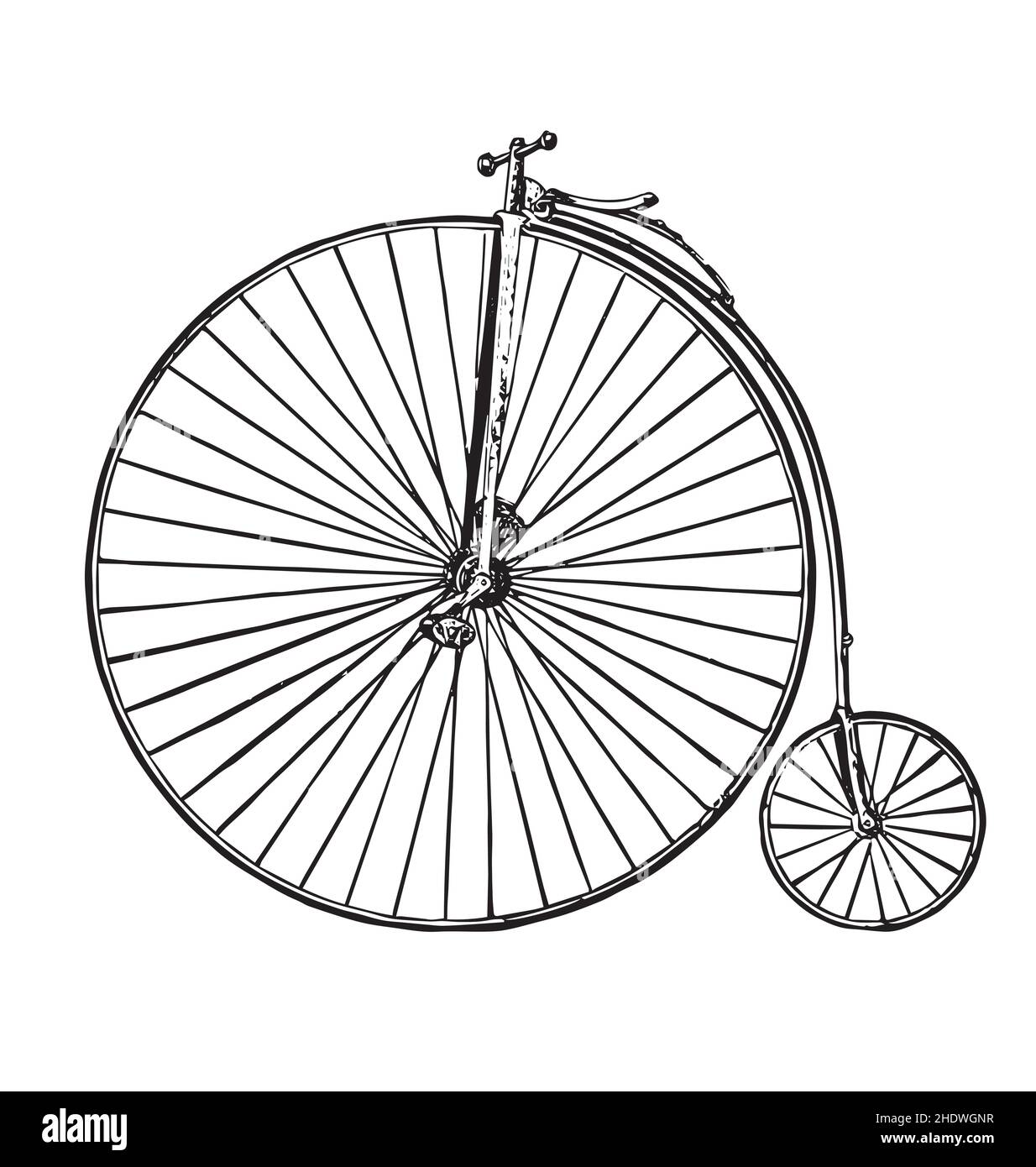 Vintage retro Fahrrad Penny Farthing schwarze Tinte Ätzung Seitenansicht isoliert auf weißem Hintergrund Stock Vektor