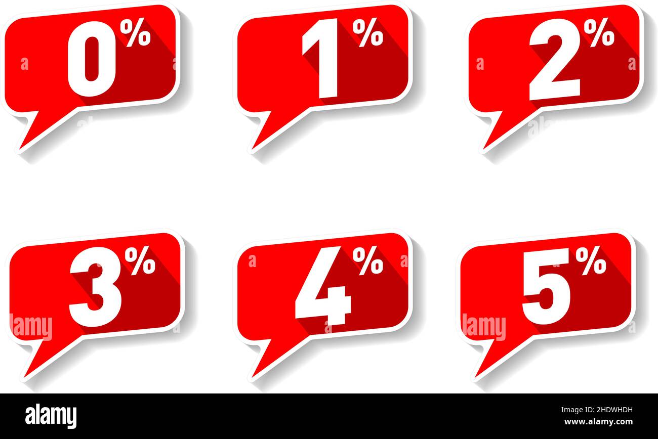Rote Sprechblase 0, 1, 2, 3,4 und 5 % Off Sign. Etikett, Aufkleber, Sonderaktion, Rabatt, Banner, Werbung, Angebotssymbol. Vektoraufkleber ein Stock Vektor