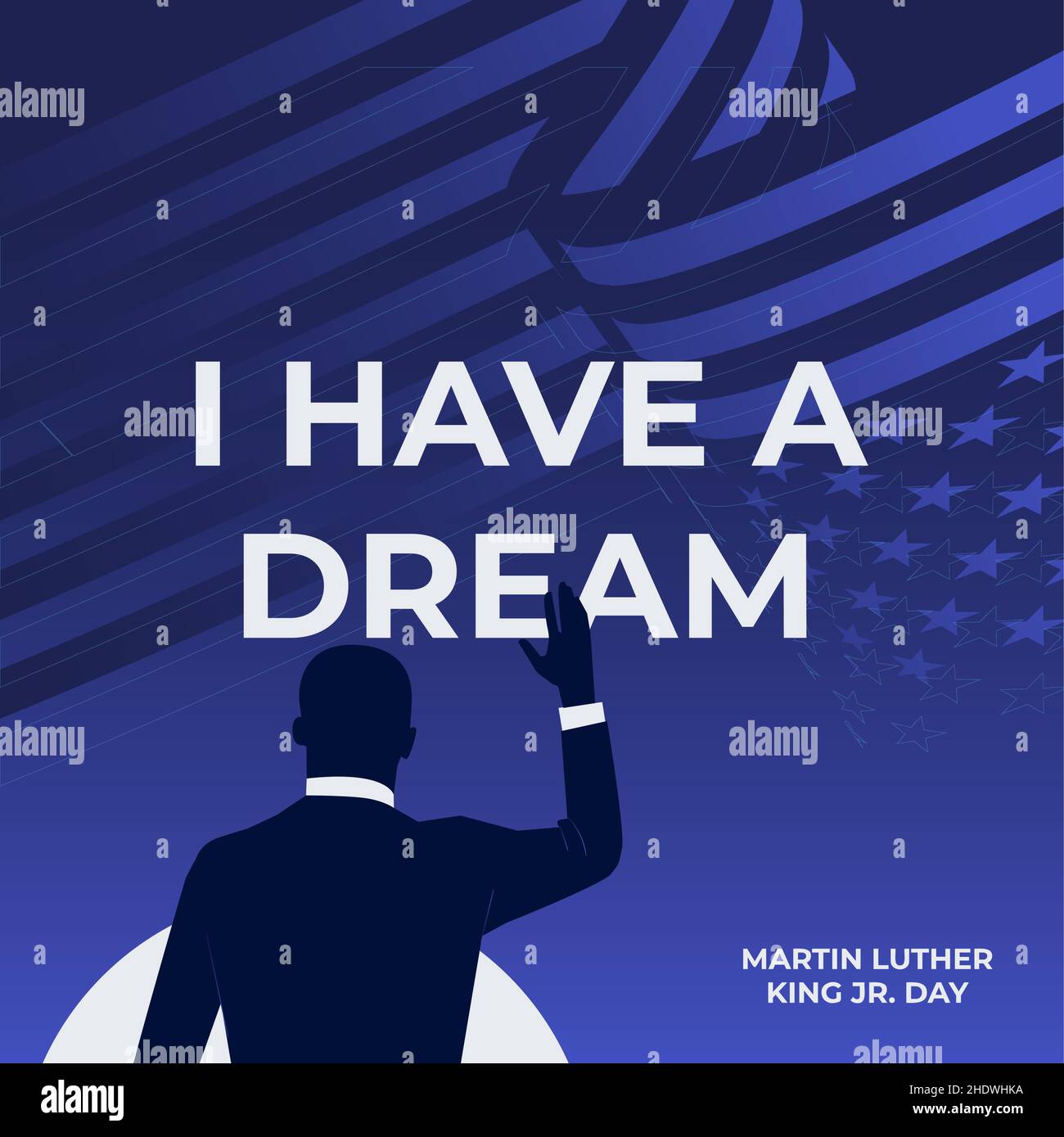 Martin Luther King Jr. Day Design mit US-Flagge Hintergrund. Alles gute zum MLK Tag. Ich habe einen Traum. Stock Vektor