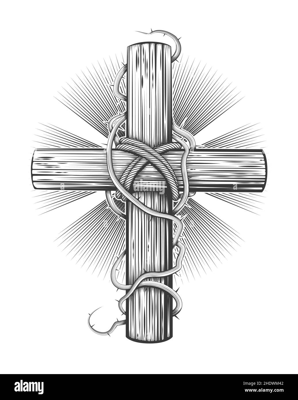 Tätowierung von handgezeichnetes hölzernes Kreuz in Dornen isoliert auf weiß. Vektorgrafik. Stock Vektor