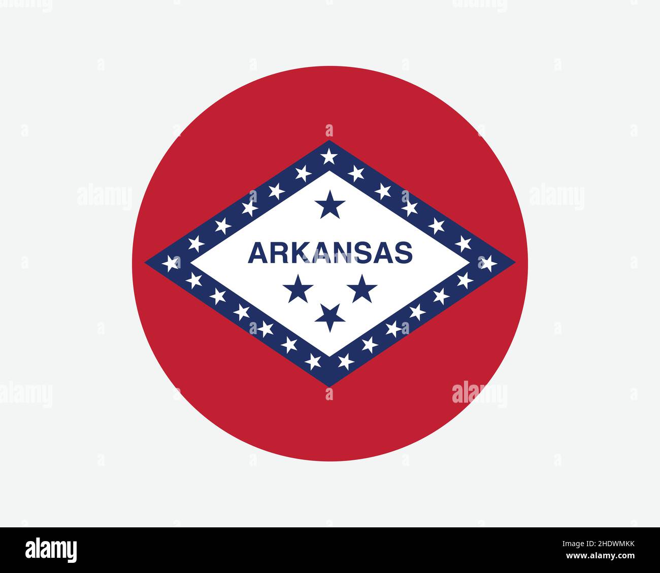 Arkansas USA Runde Staatsflagge. AR, US Circle Flag. Kreisförmiges Knopfbanner im Bundesstaat Arkansas, Vereinigte Staaten von Amerika. EPS-Vektorgrafik. Stock Vektor